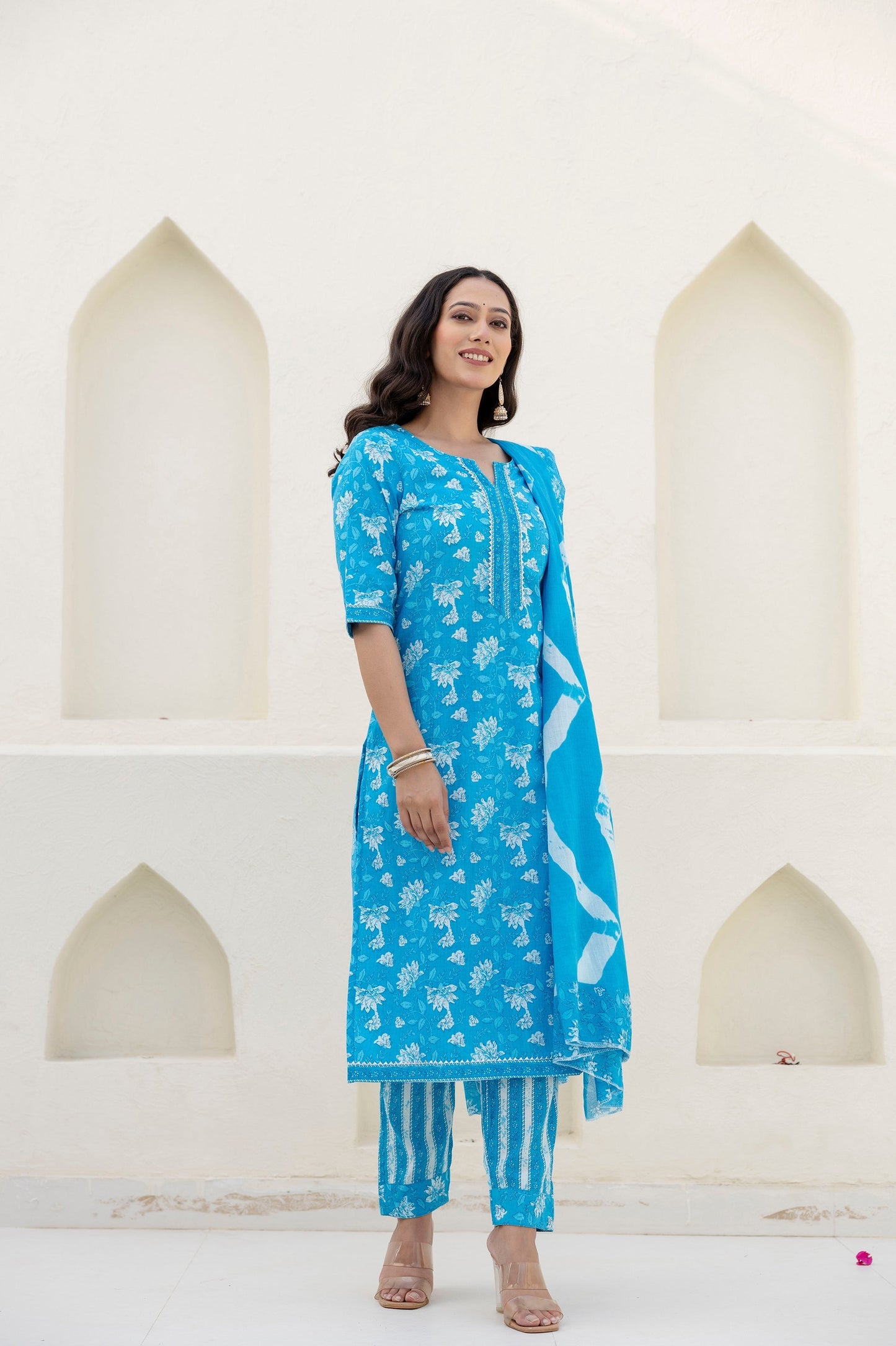 Cotton Bloom Blue Dupatta Set