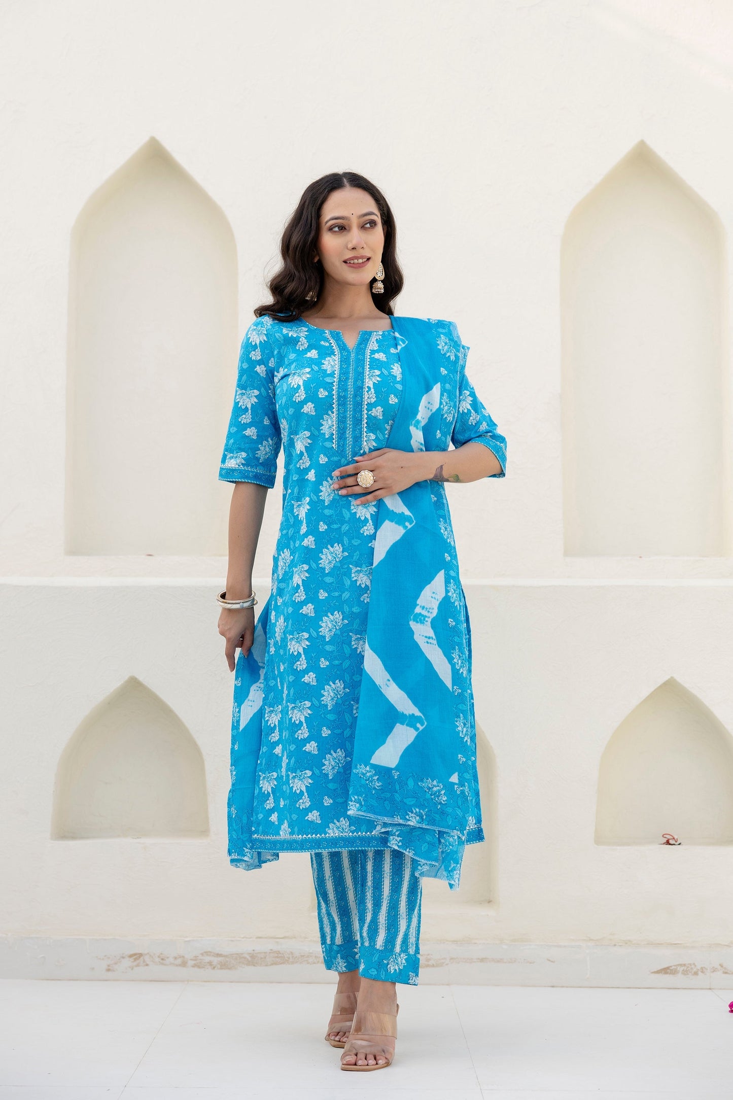 Cotton Bloom Blue Dupatta Set