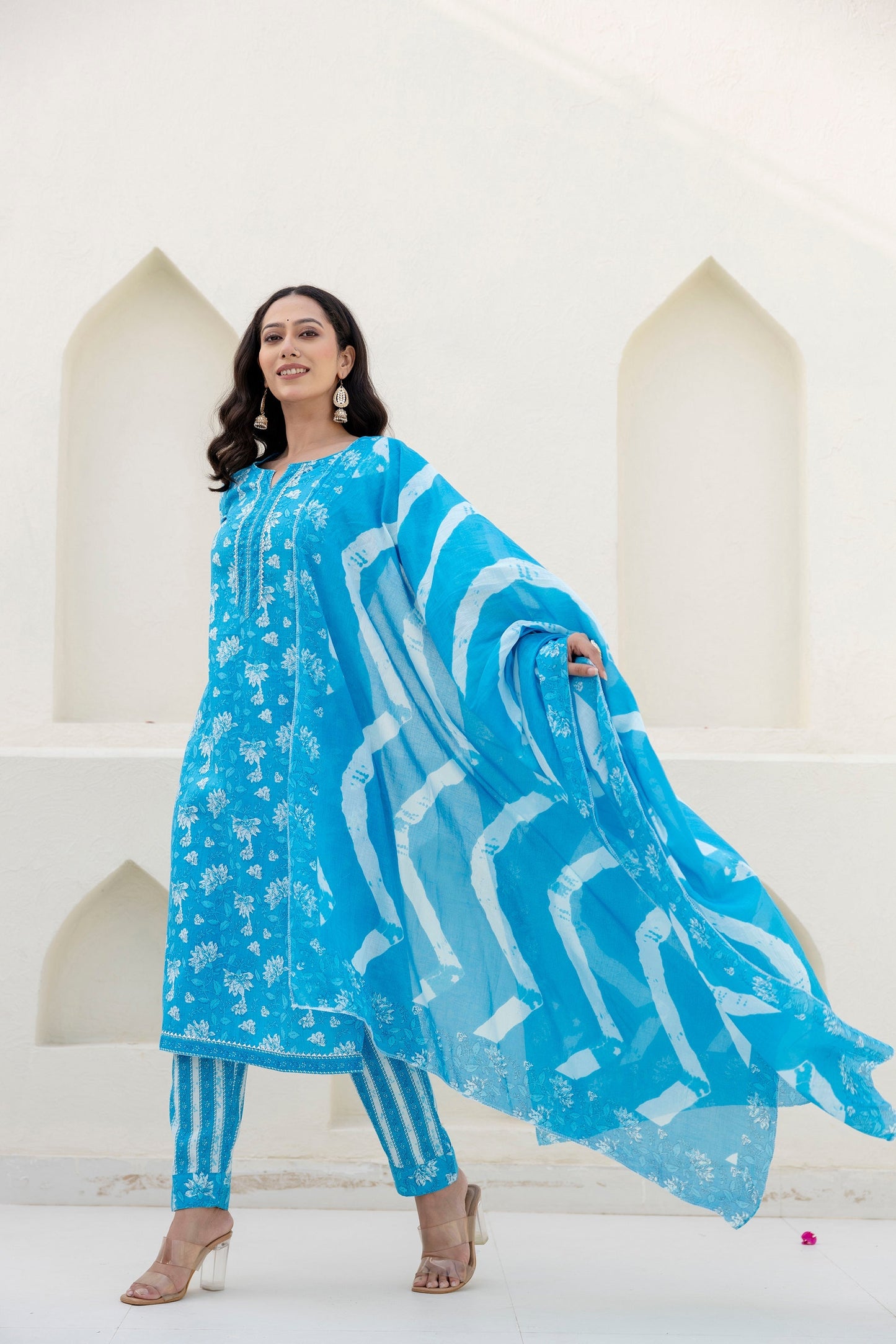 Cotton Bloom Blue Dupatta Set