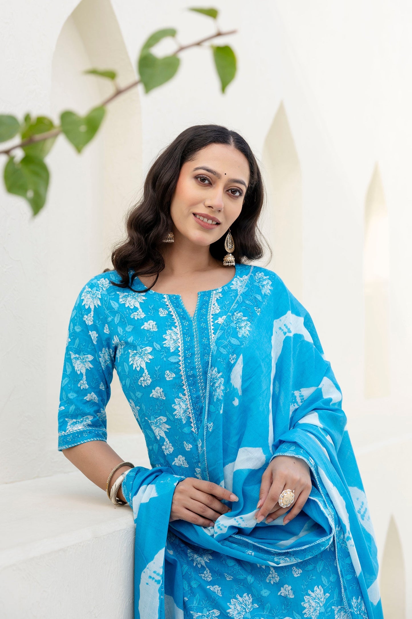 Cotton Bloom Blue Dupatta Set
