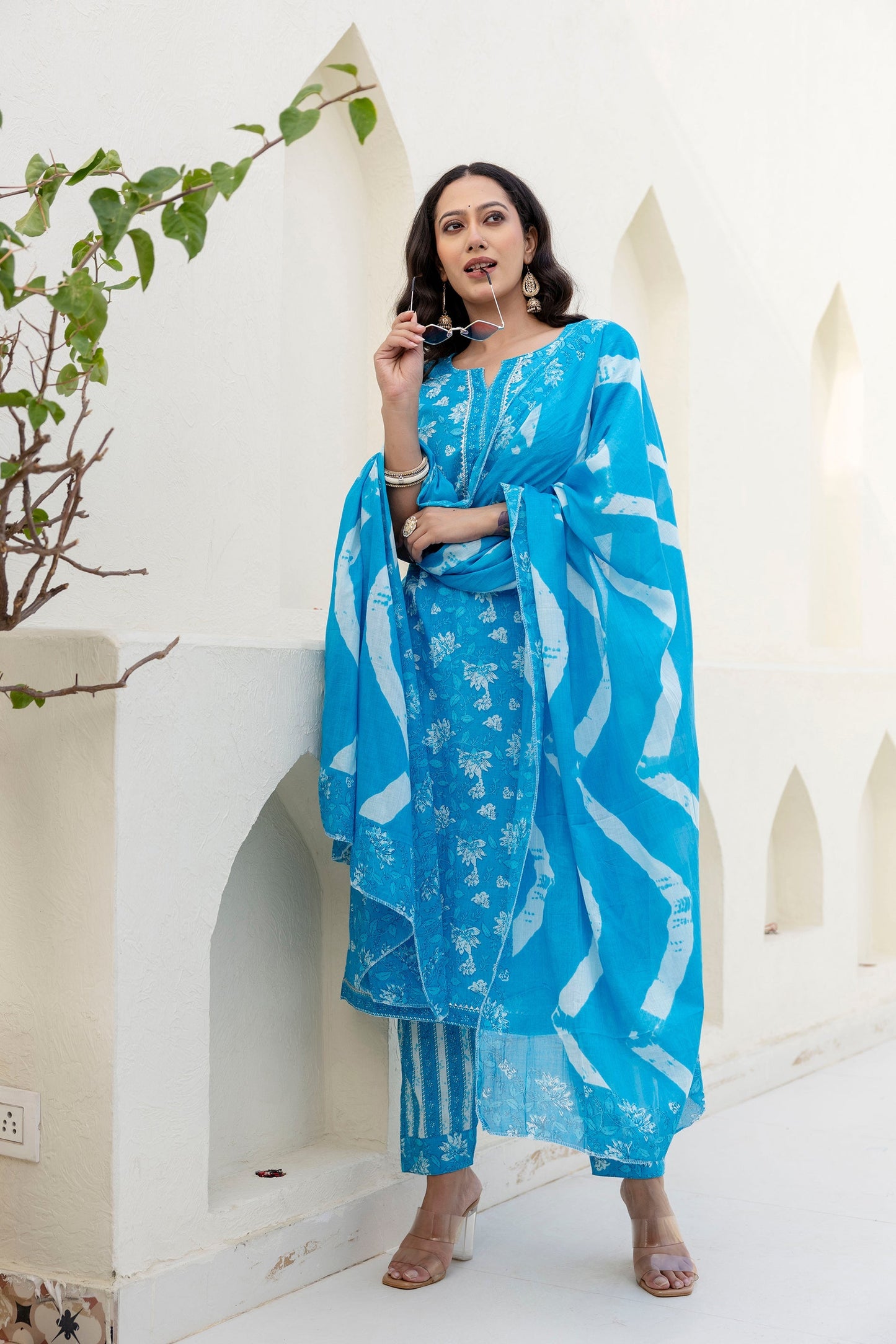Cotton Bloom Blue Dupatta Set