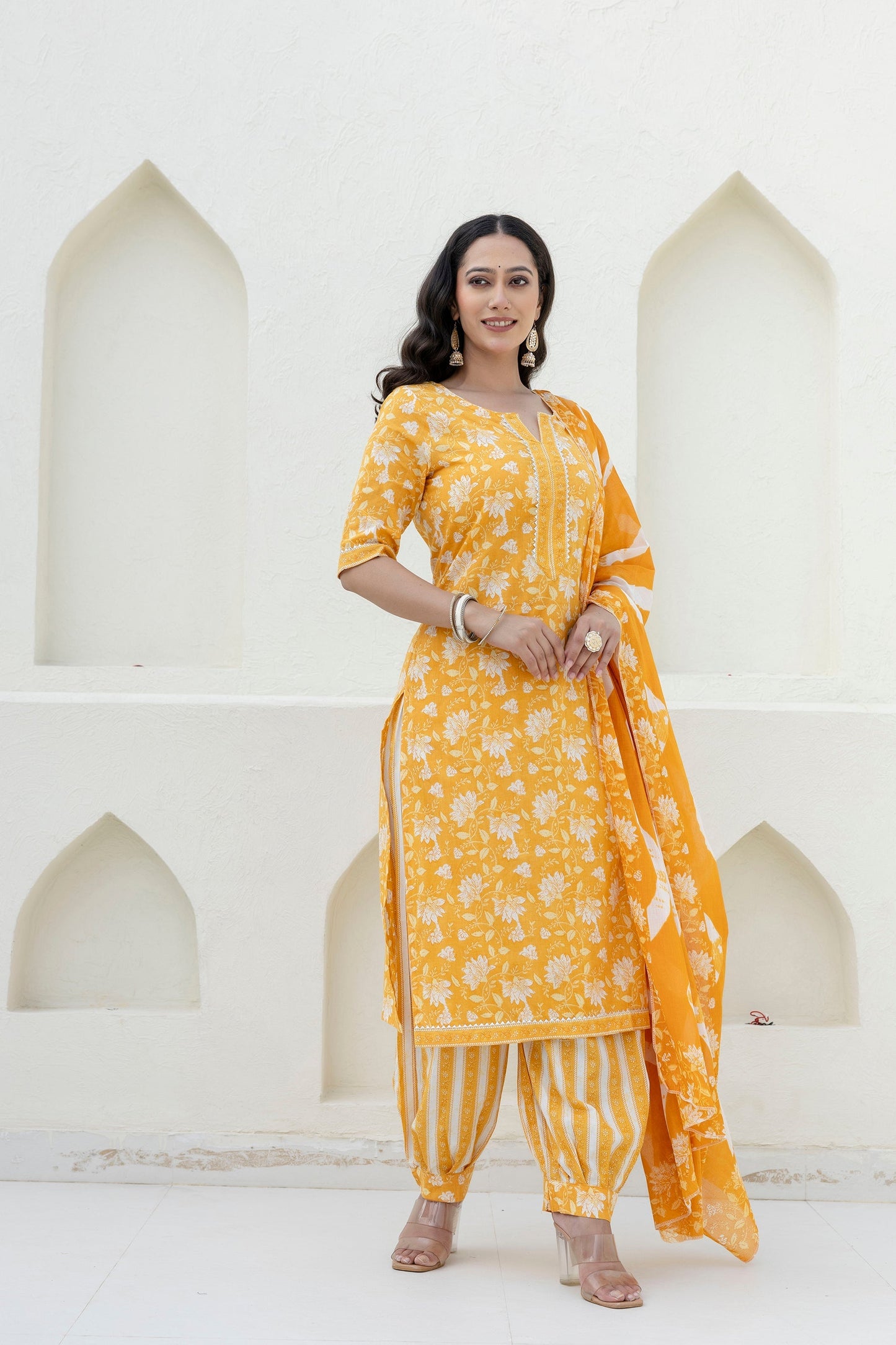 Goldenray Yellow Cotton Dupatta Set