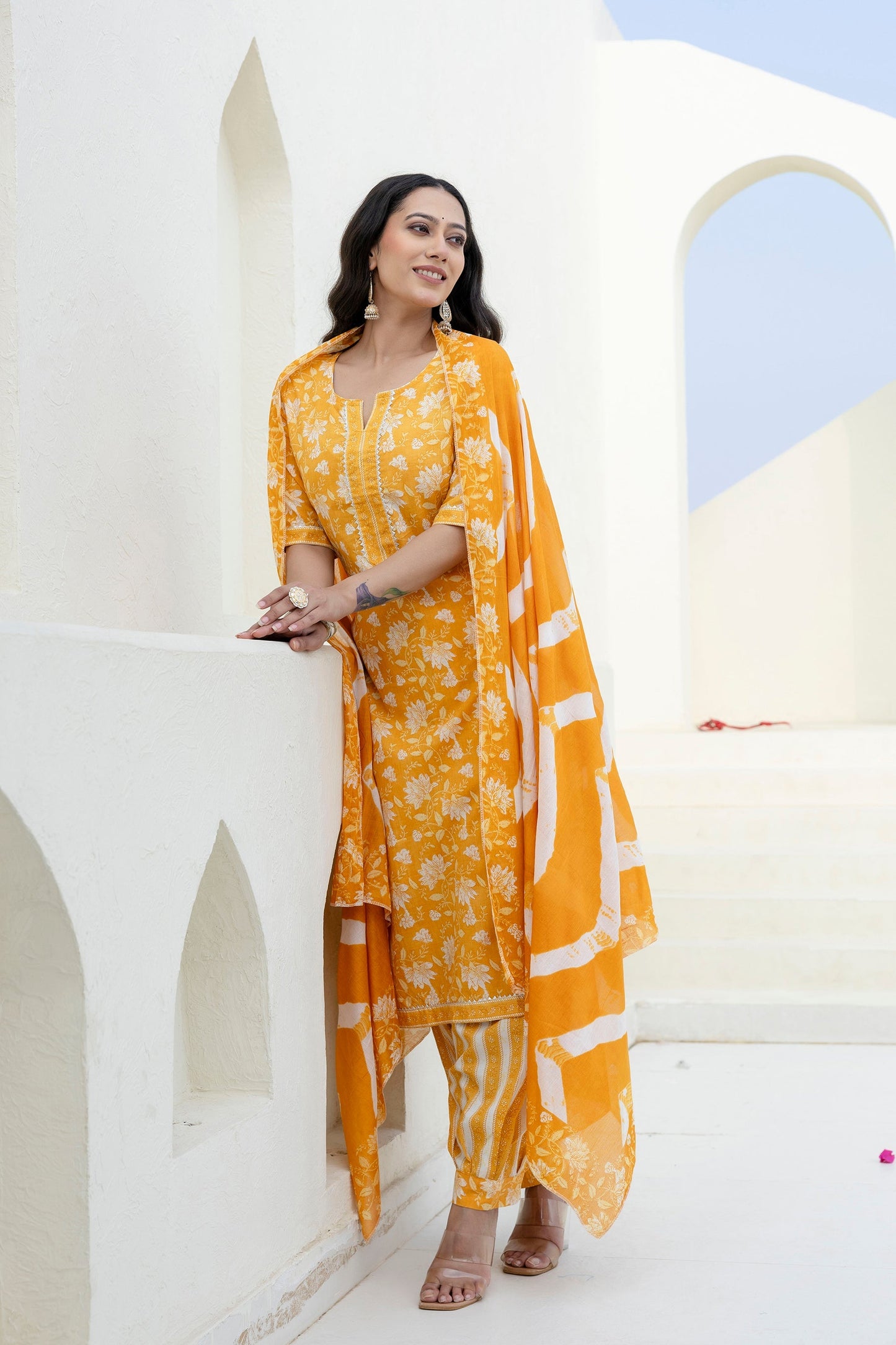 Goldenray Yellow Cotton Dupatta Set