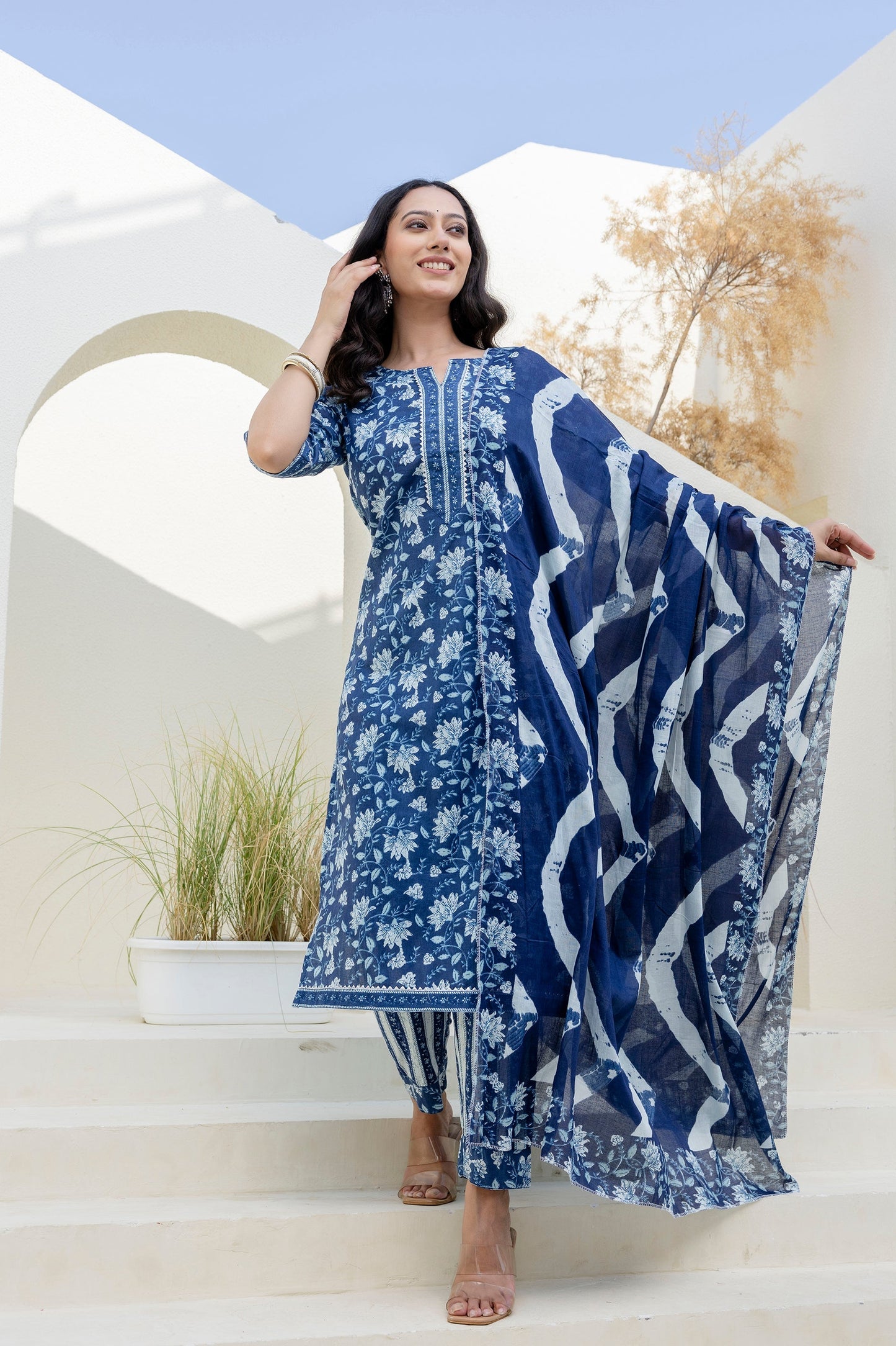 Skyvale Blue Cotton Dupatta Set