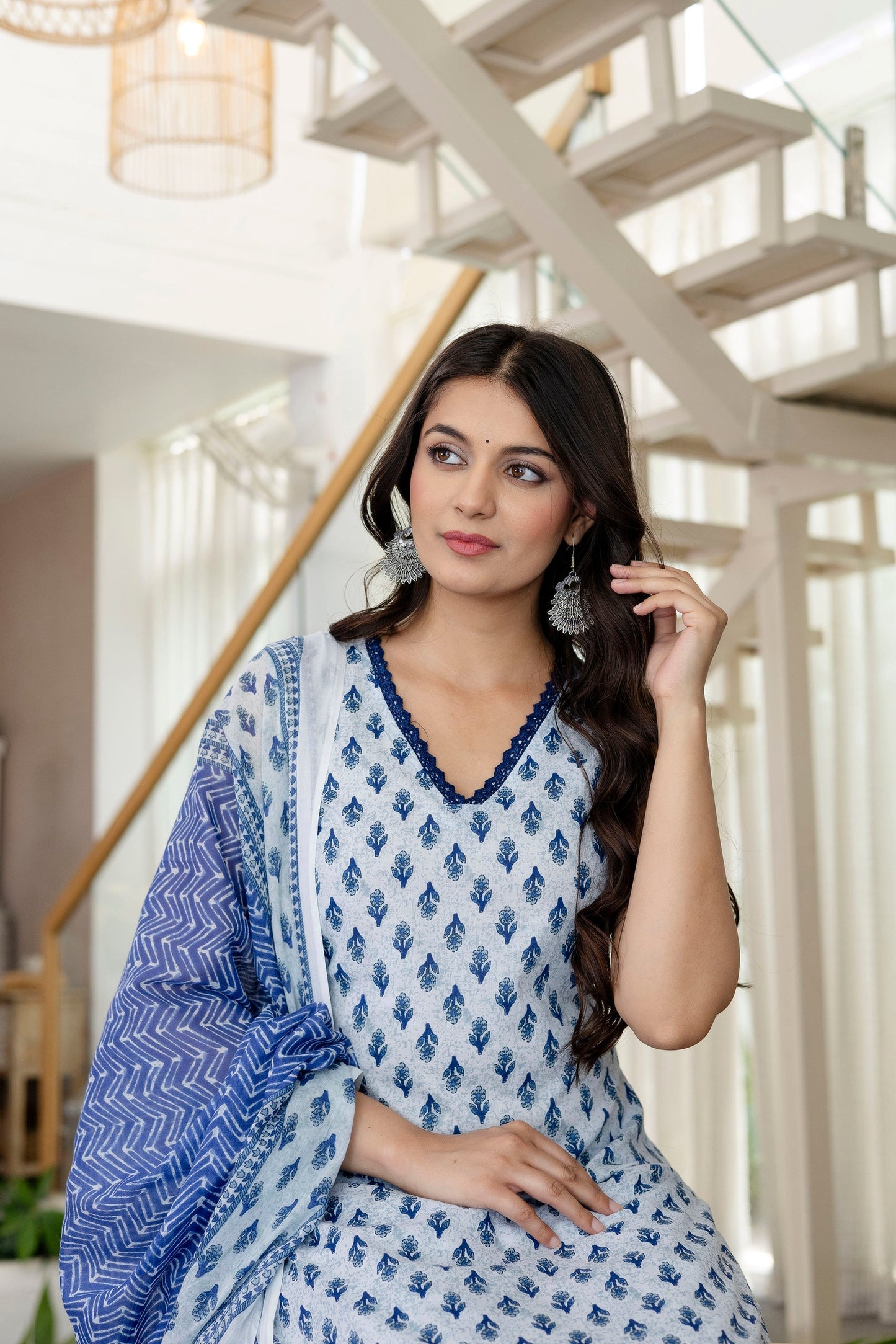 Azure Floral Cotton Dupatta Set