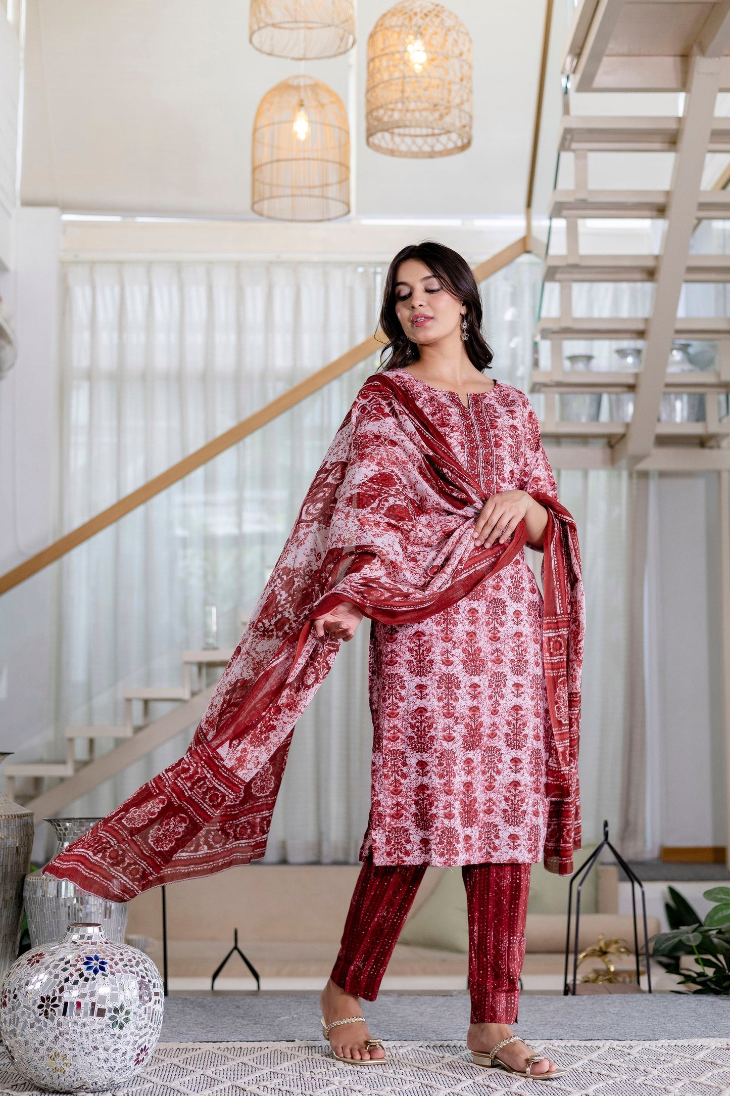 Cherrystone Red Cotton Dupatta Set