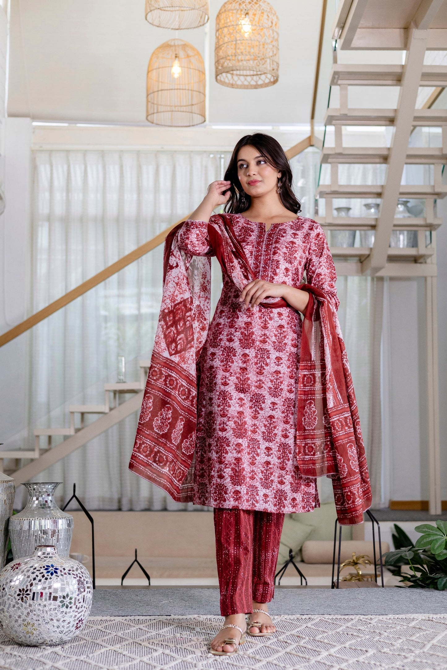 Cherrystone Red Cotton Dupatta Set