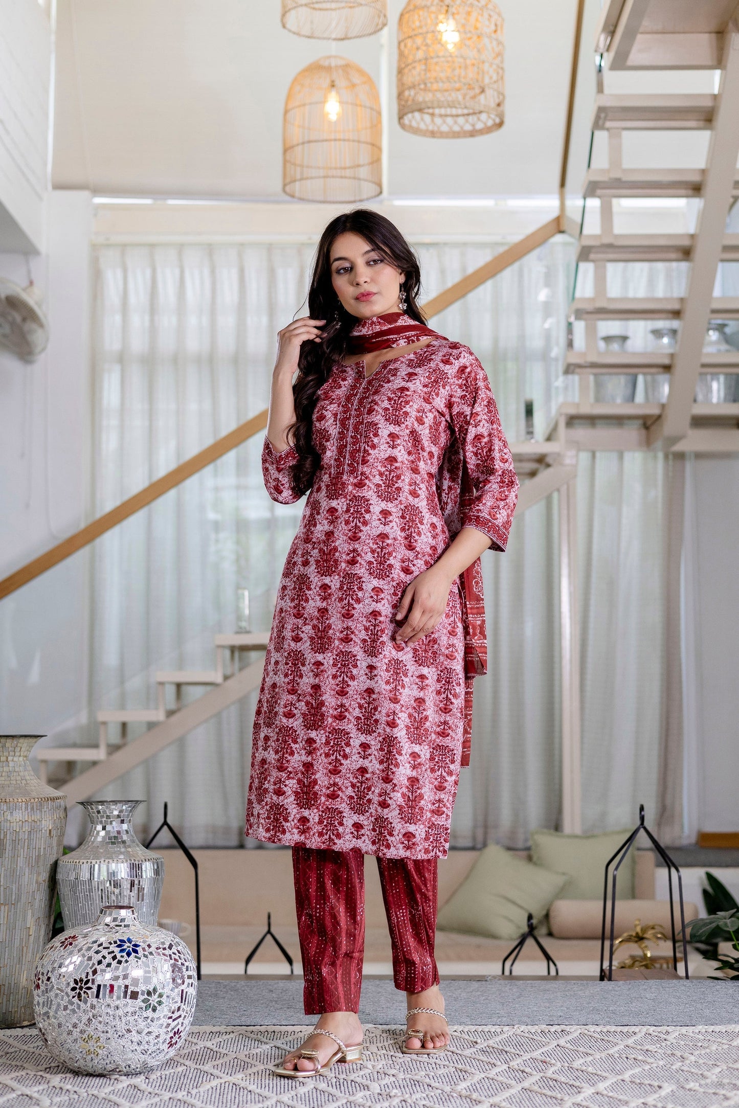 Cherrystone Red Cotton Dupatta Set