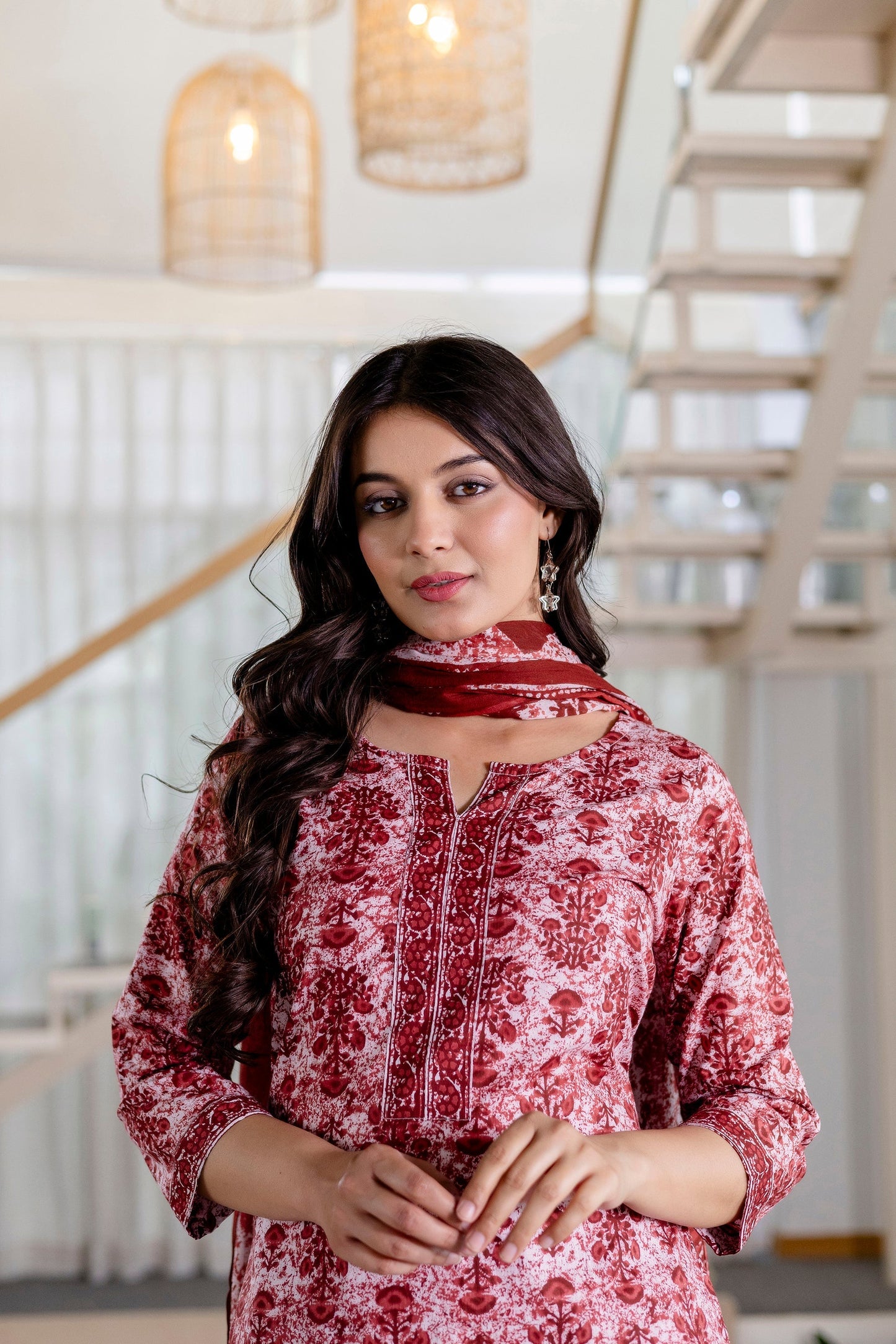 Cherrystone Red Cotton Dupatta Set