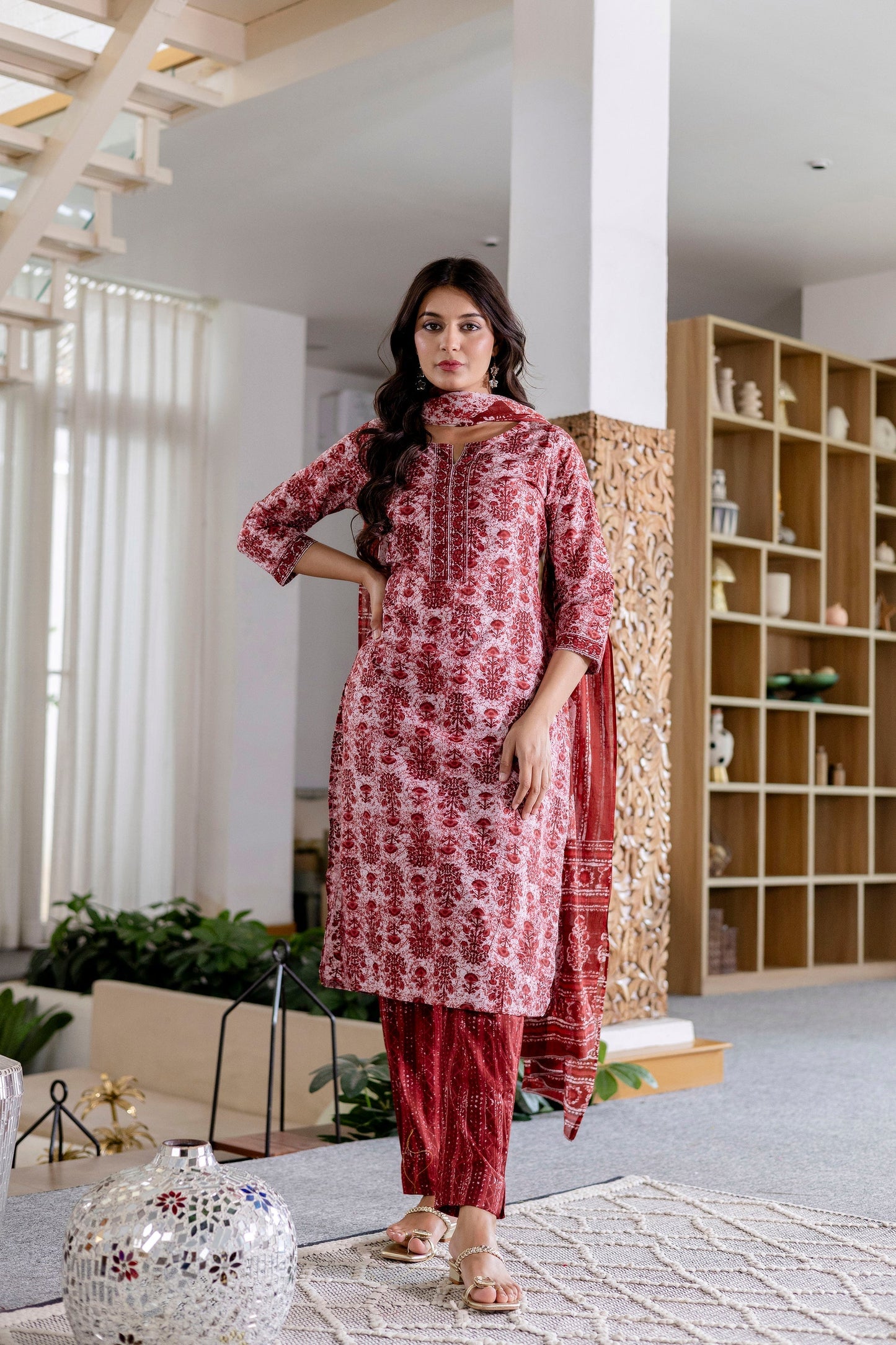 Cherrystone Red Cotton Dupatta Set