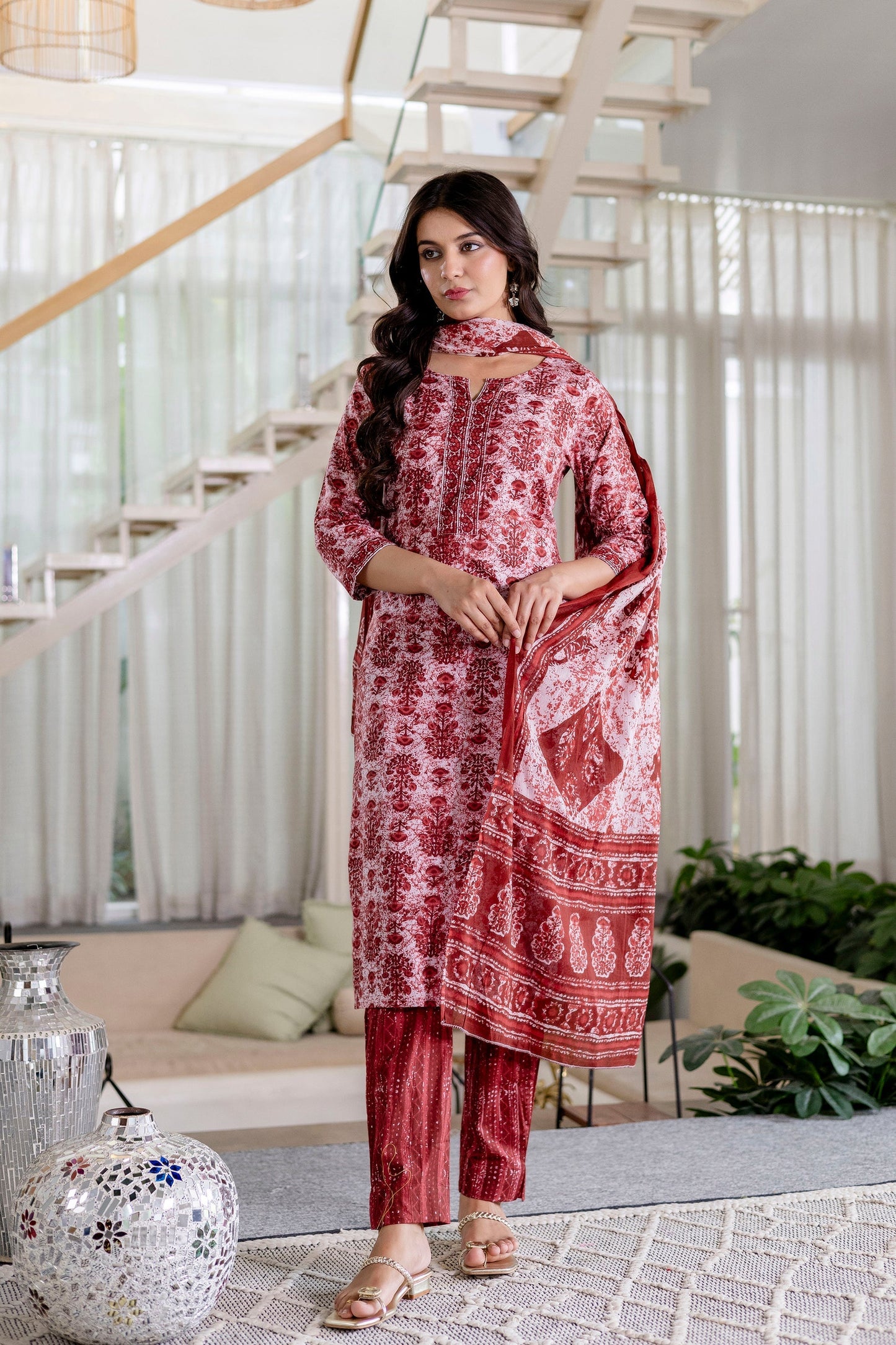 Cherrystone Red Cotton Dupatta Set