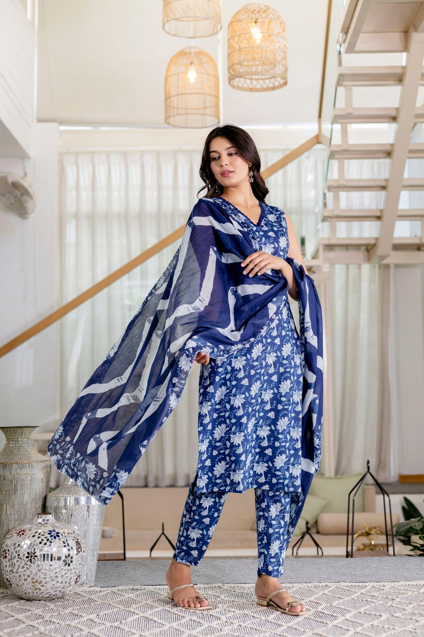 Bluemist Lace Cotton Dupatta Set
