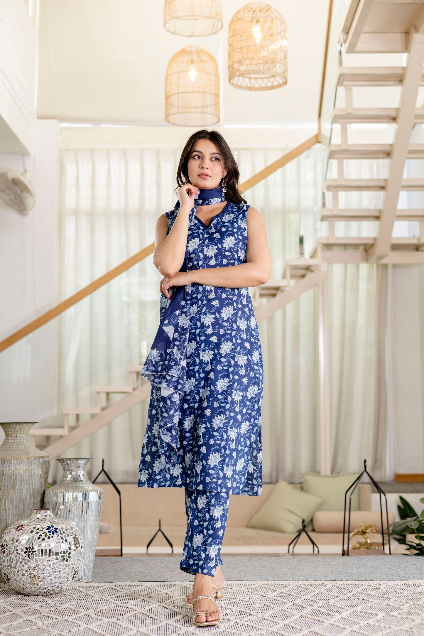 Bluemist Lace Cotton Dupatta Set