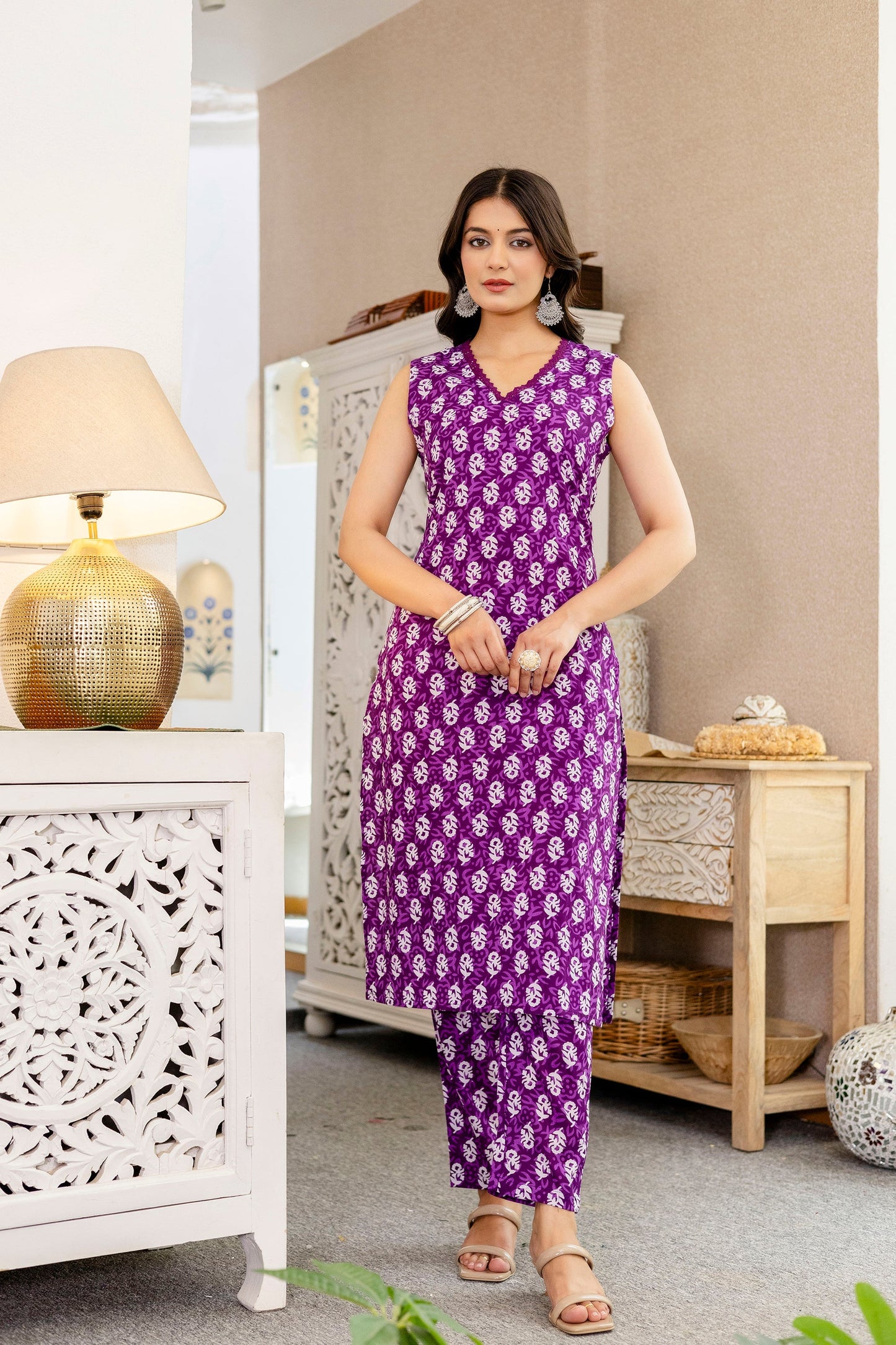 Mauve Floral Cotton Dupatta Set