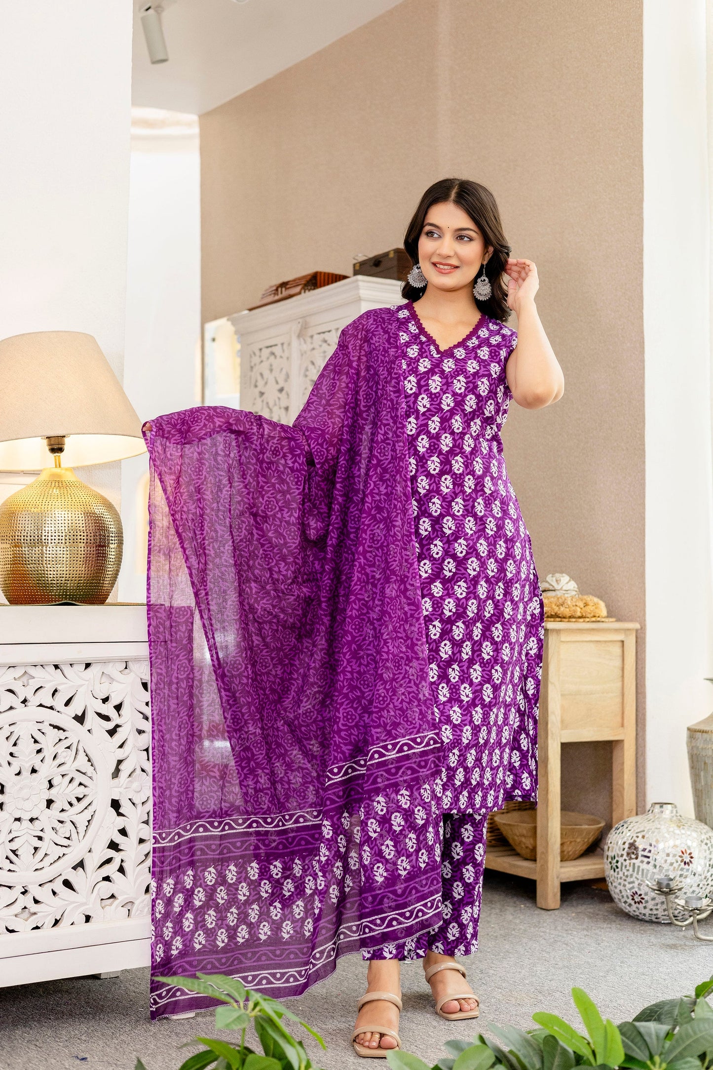 Mauve Floral Cotton Dupatta Set