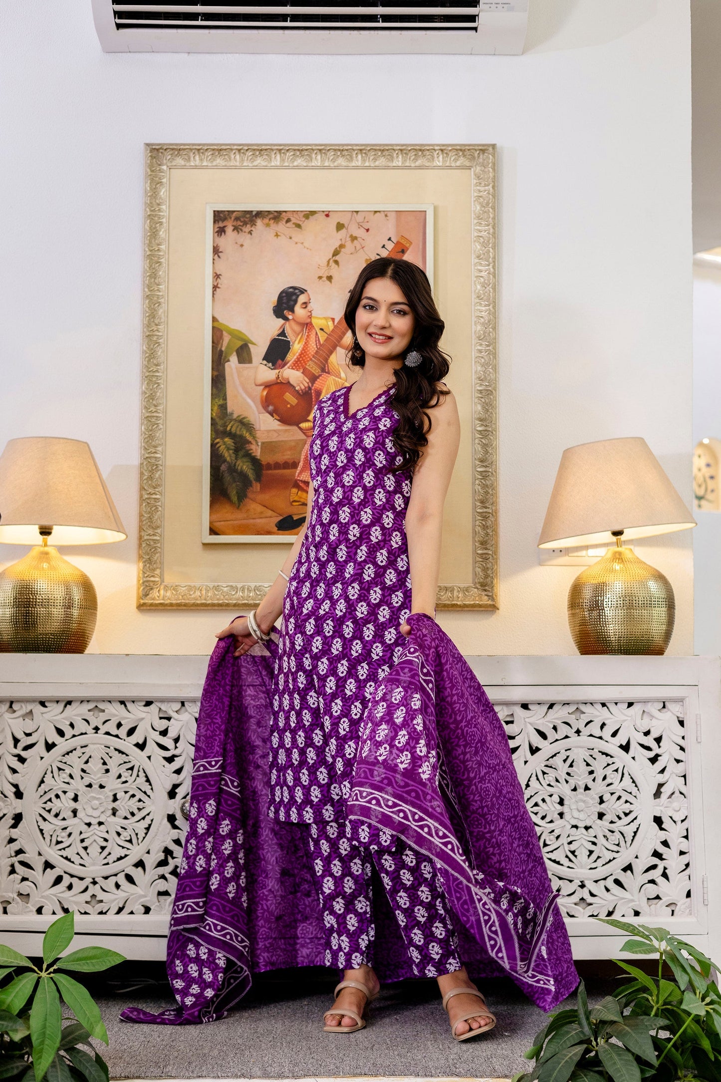 Mauve Floral Cotton Dupatta Set