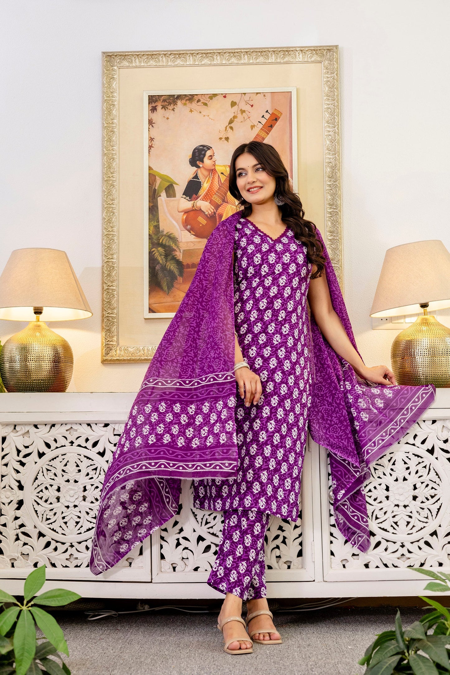 Mauve Floral Cotton Dupatta Set