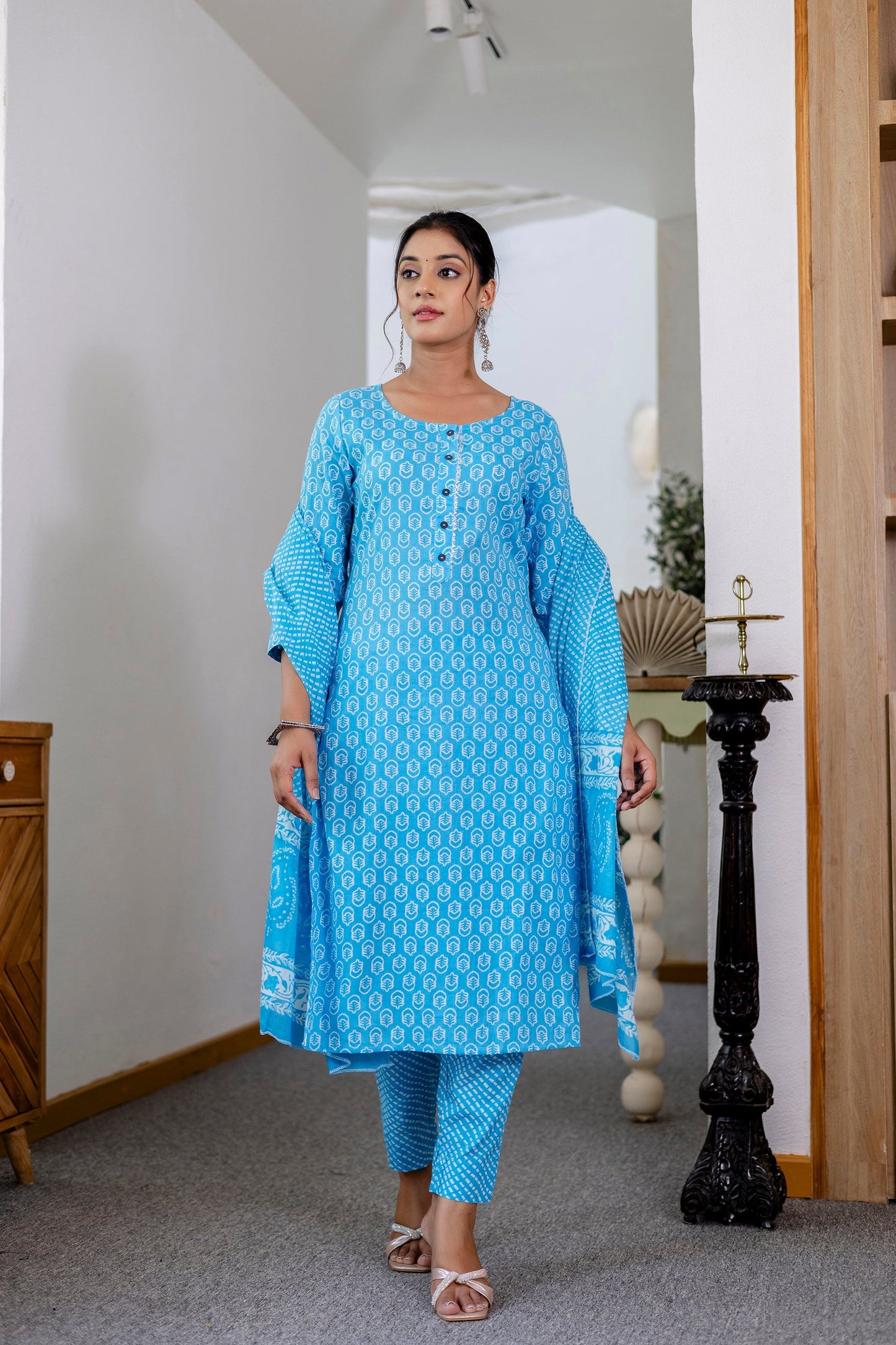 Sky Blue Cotton Dupatta Set