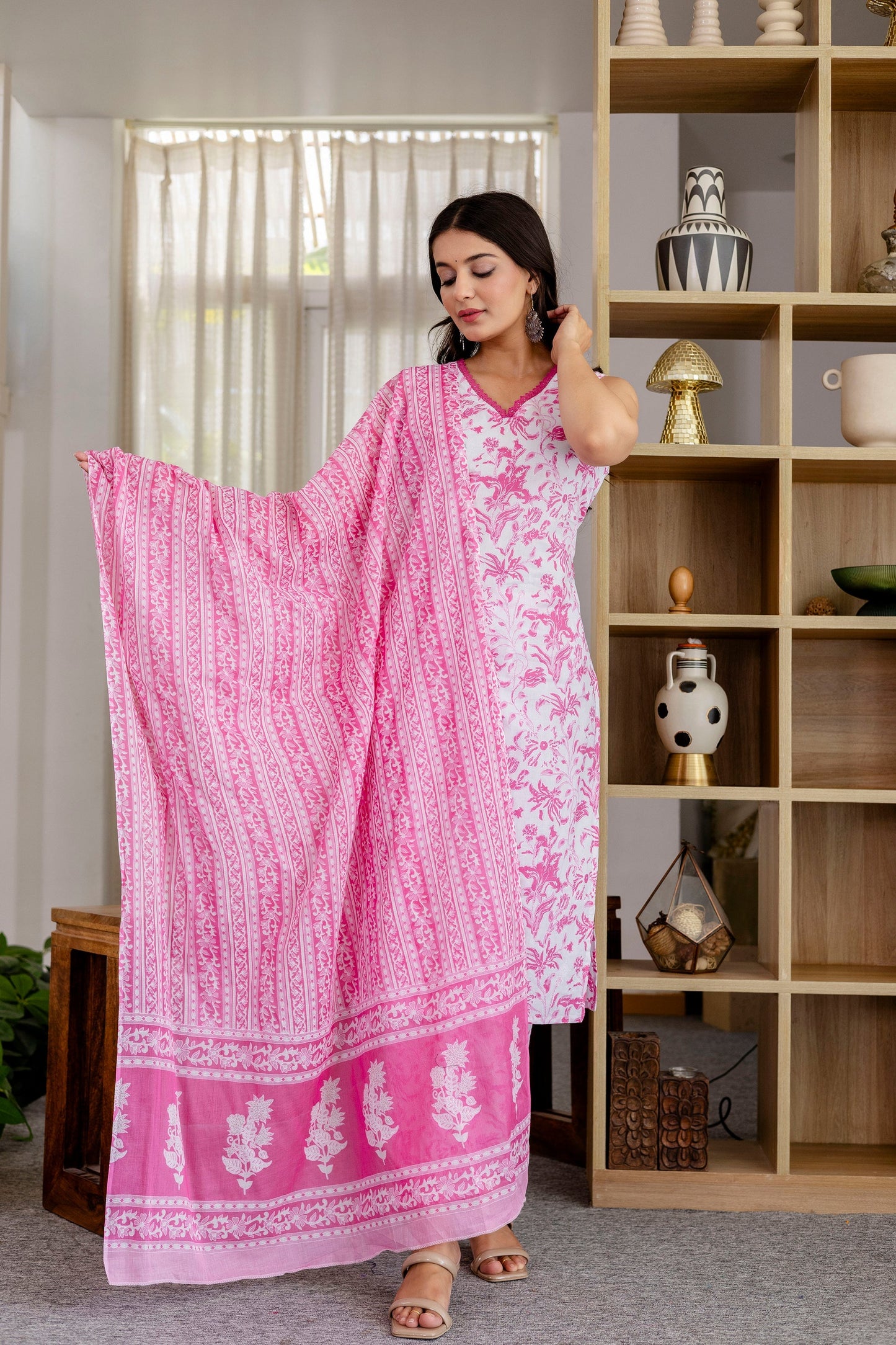 Rose Pink Floral Cotton Dupatta Set