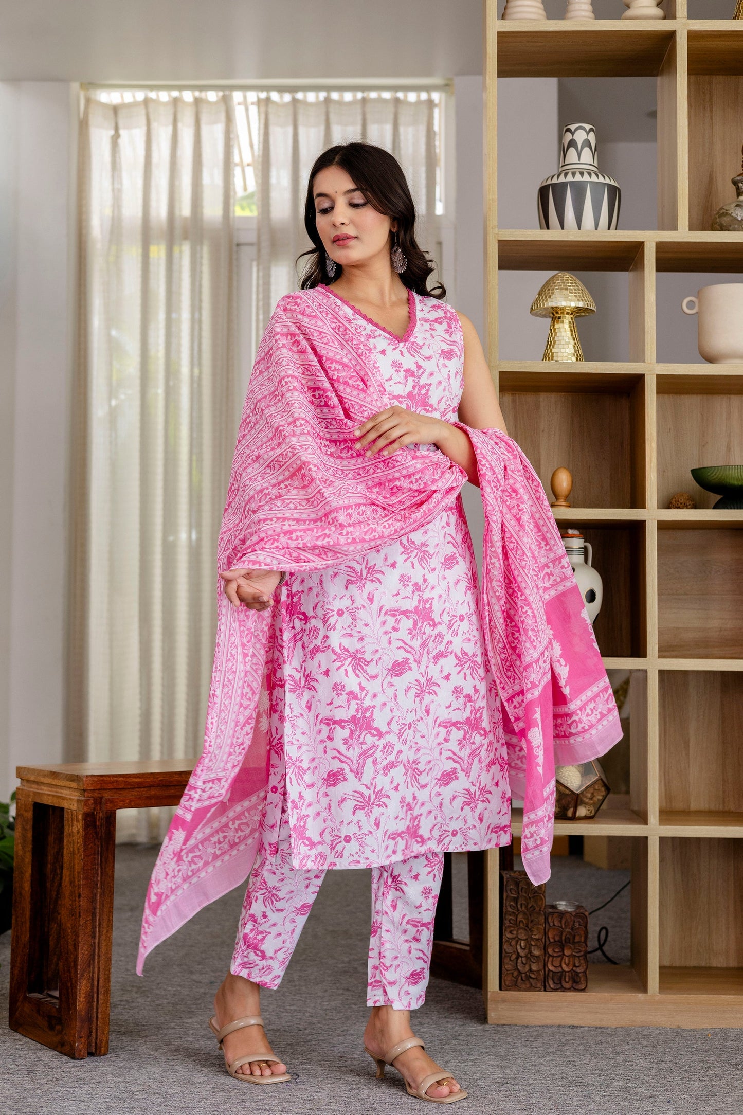 Rose Pink Floral Cotton Dupatta Set