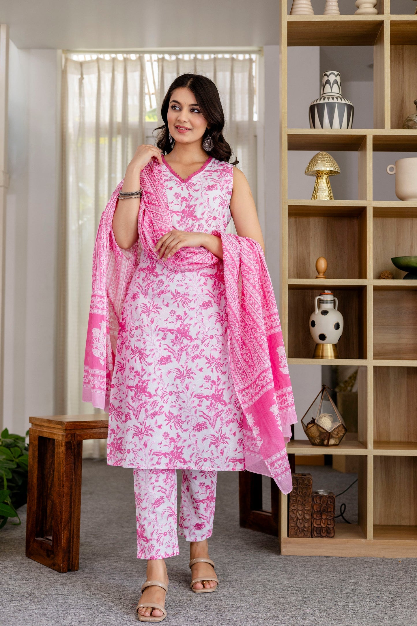 Rose Pink Floral Cotton Dupatta Set