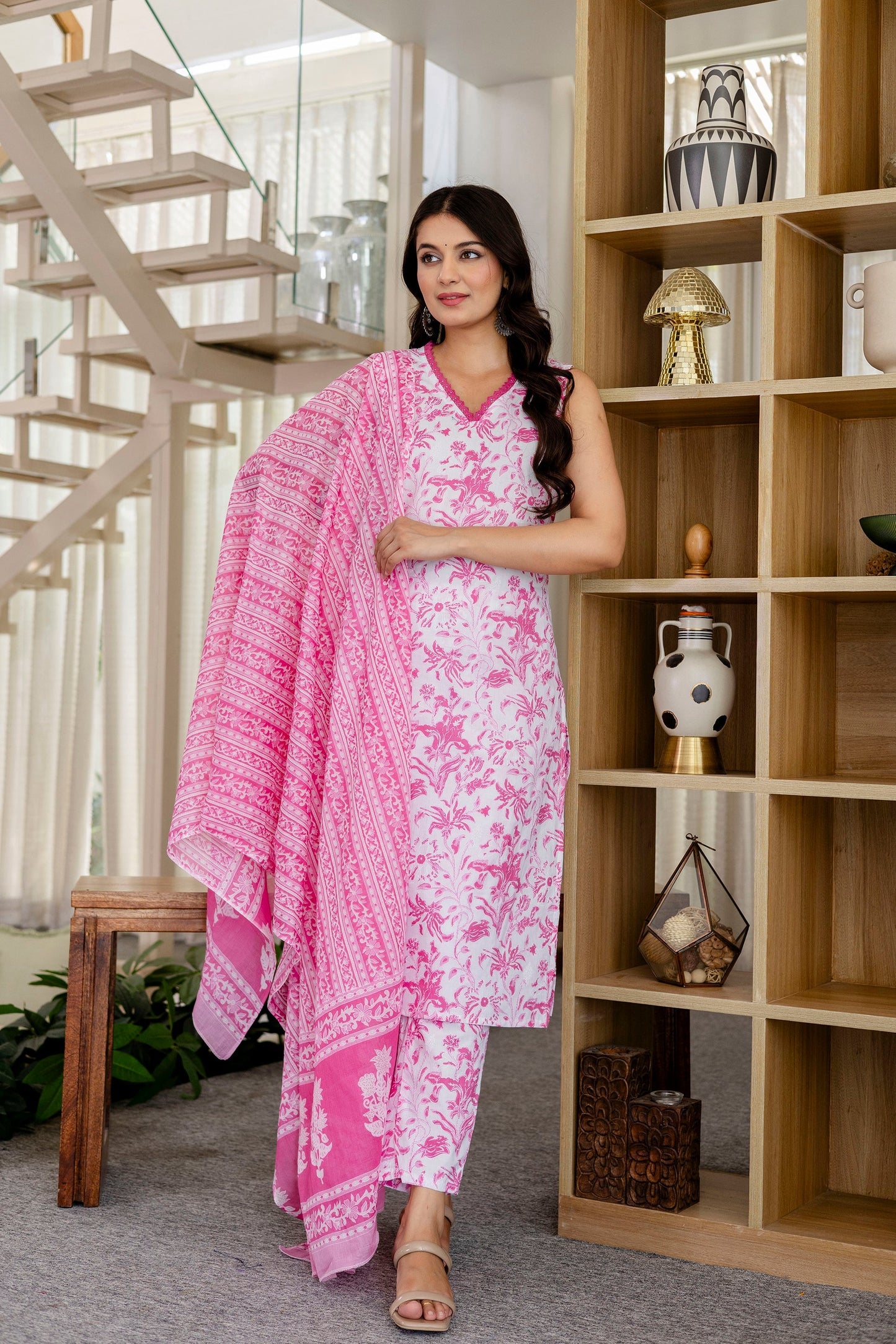 Rose Pink Floral Cotton Dupatta Set