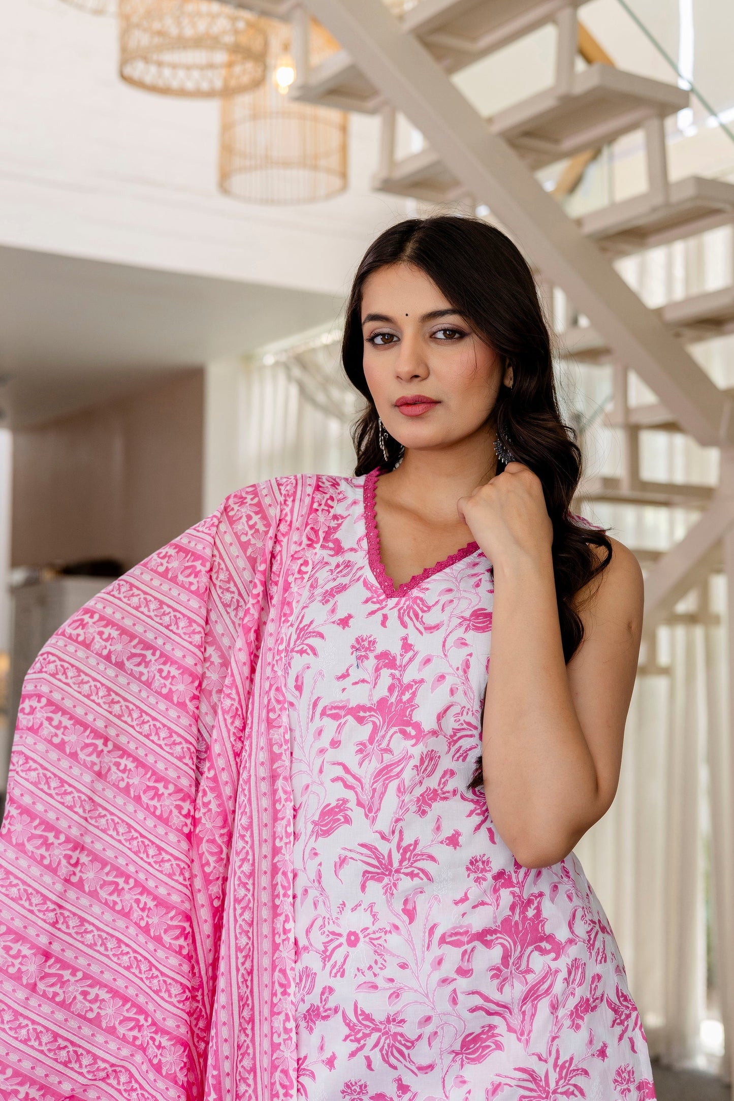 Rose Pink Floral Cotton Dupatta Set
