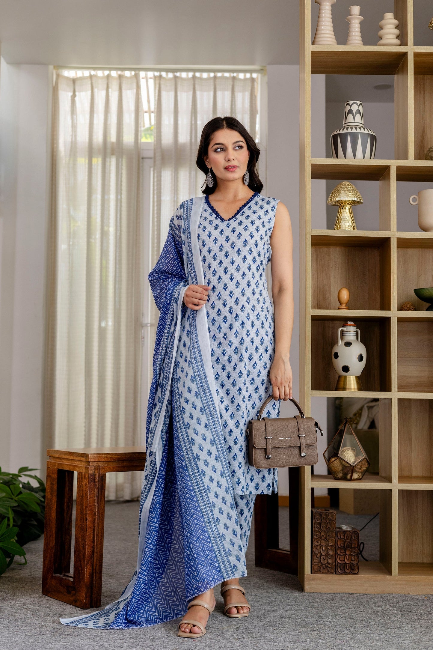 Azure Floral Cotton Dupatta Set
