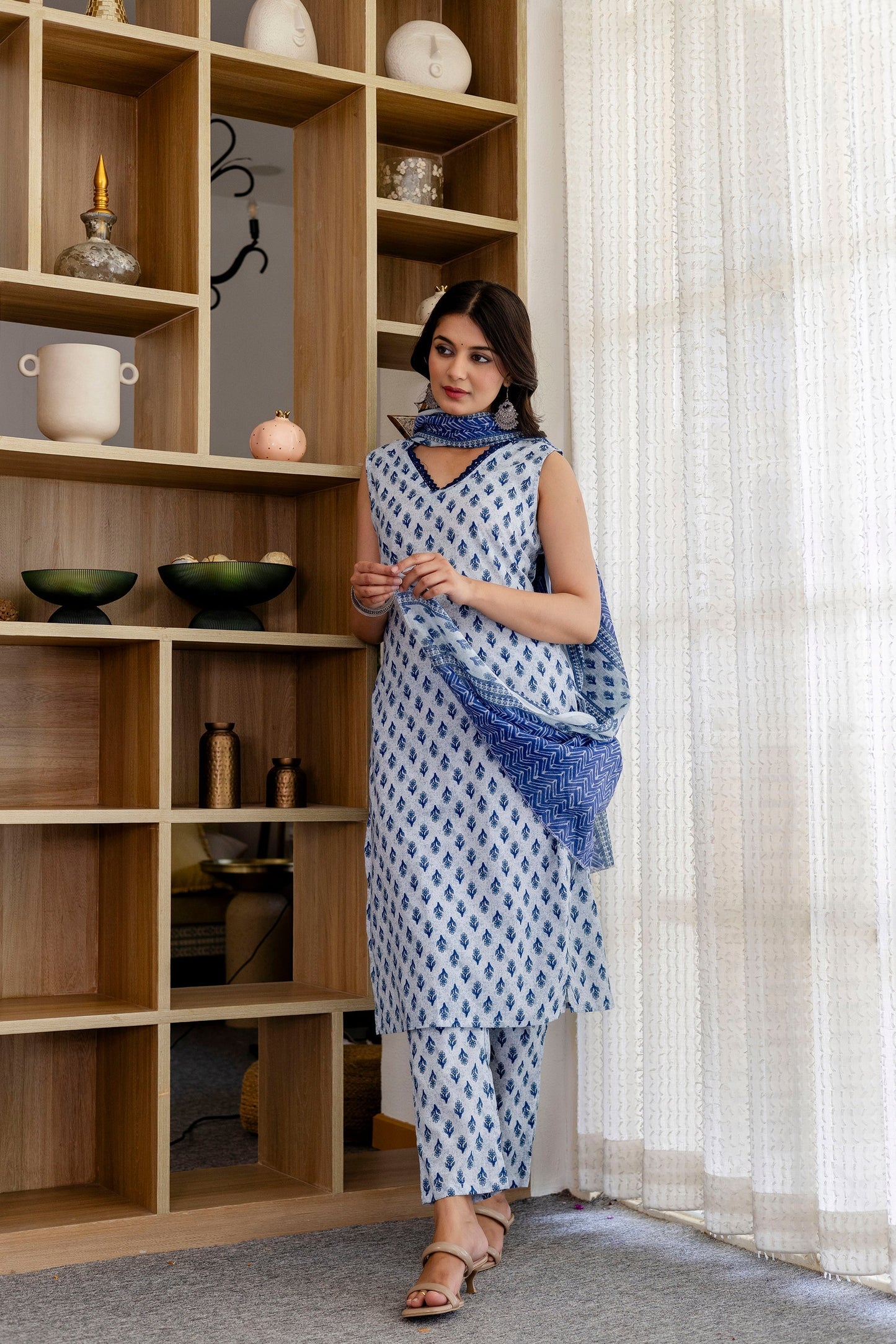 Azure Floral Cotton Dupatta Set