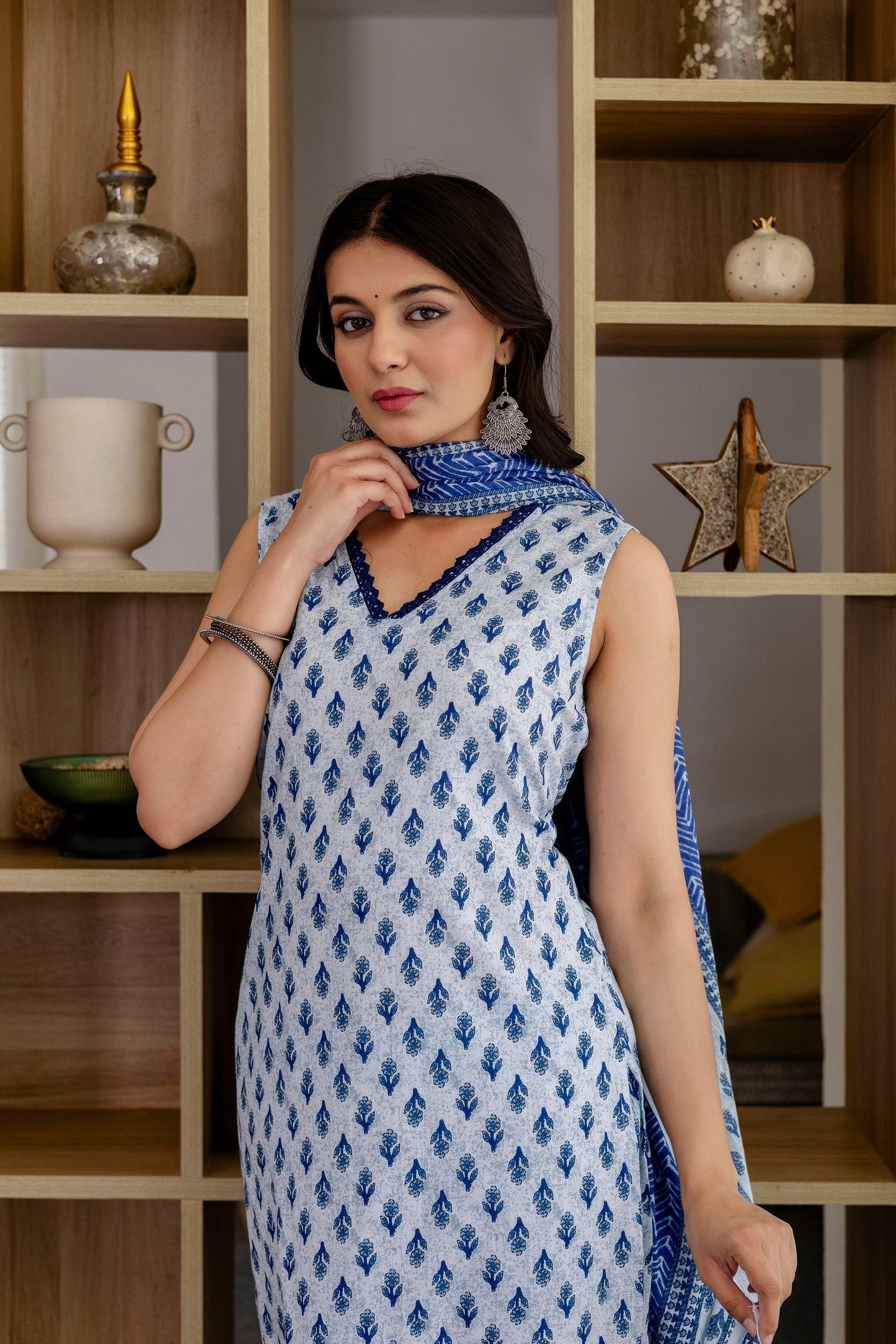 Azure Floral Cotton Dupatta Set