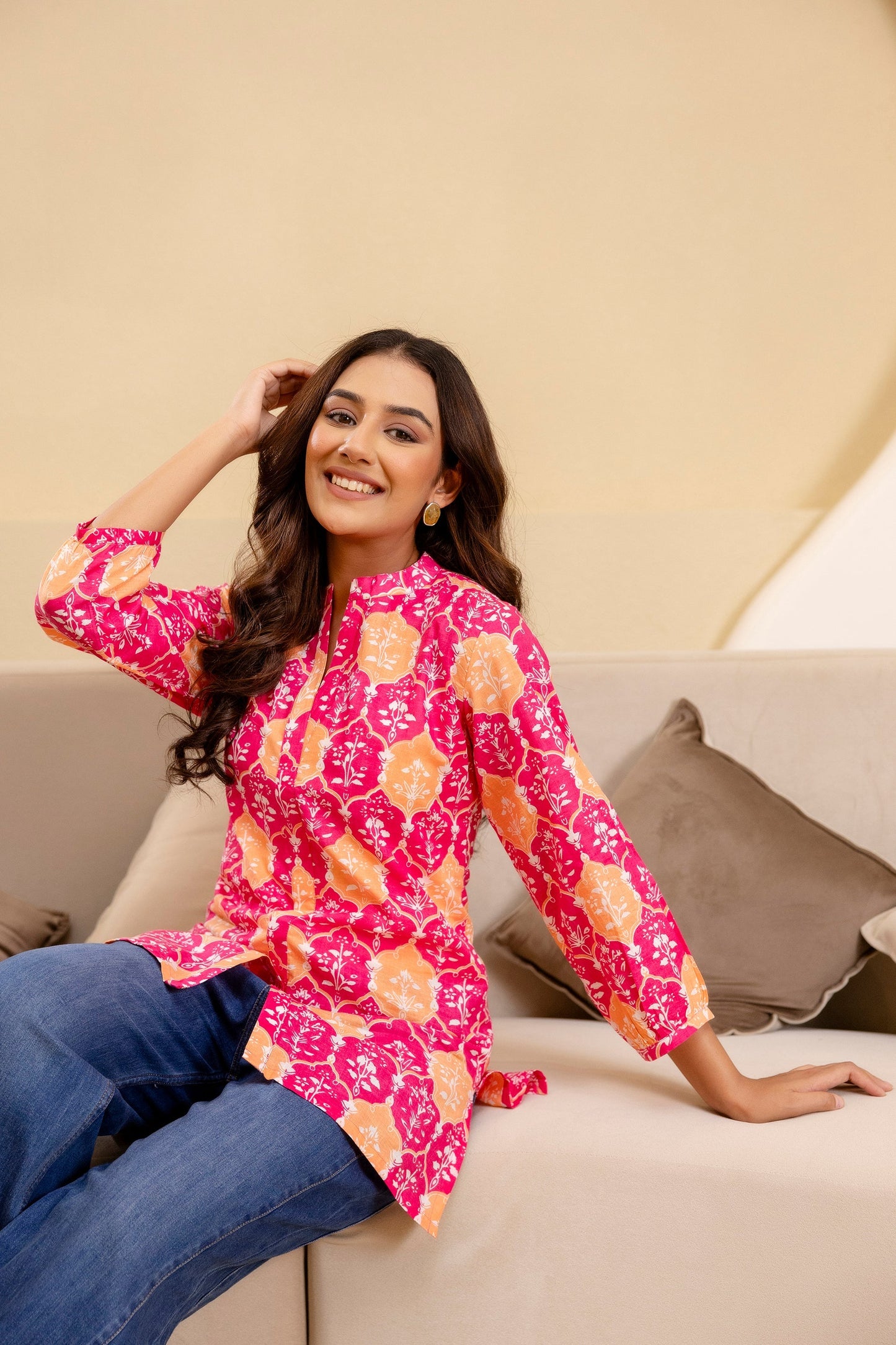 Fuchsia Glow Cotton Printed Top