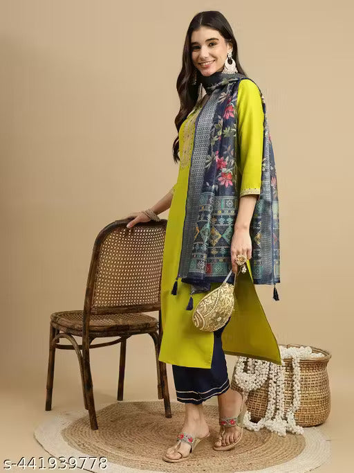 Yellow Embroidered Kurti with Navy Blue Pants & Floral Dupatta – Women’s Ethnic Set