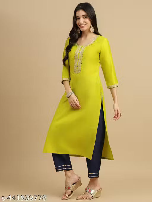 Yellow Embroidered Kurti with Navy Blue Pants & Floral Dupatta – Women’s Ethnic Set
