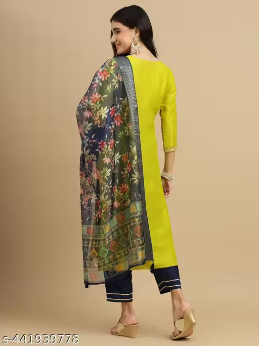 Yellow Embroidered Kurti with Navy Blue Pants & Floral Dupatta – Women’s Ethnic Set