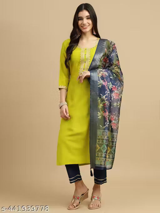 Yellow Embroidered Kurti with Navy Blue Pants & Floral Dupatta – Women’s Ethnic Set