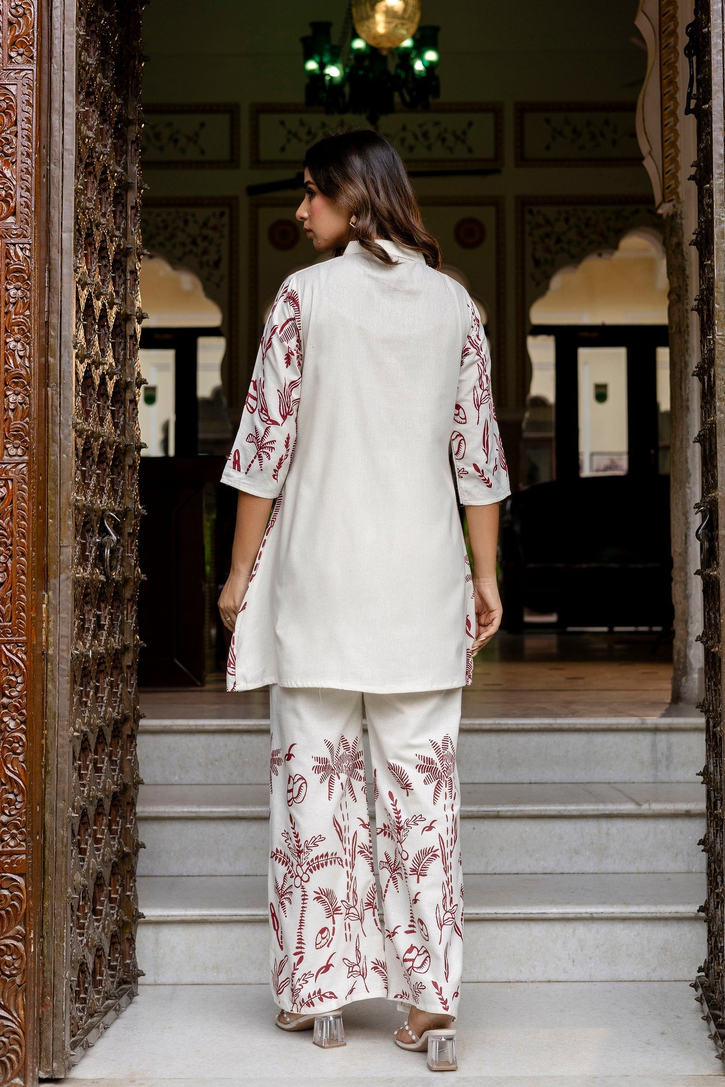Almondbloom Off-White & Maroon Floral Cotton Flex Co-ord Set