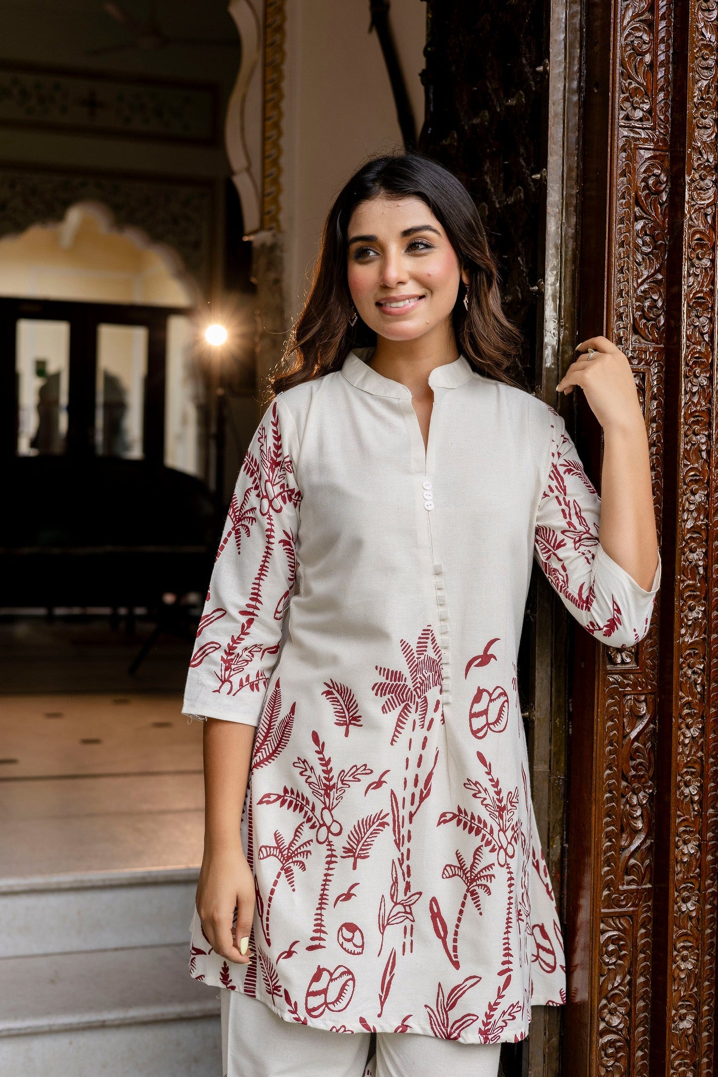 Almondbloom Off-White & Maroon Floral Cotton Flex Co-ord Set