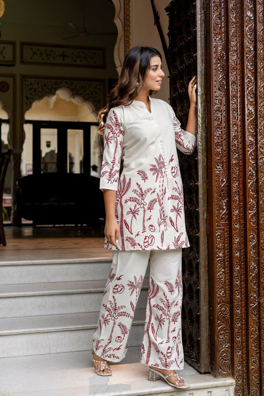 Almondbloom Off-White & Maroon Floral Cotton Flex Co-ord Set
