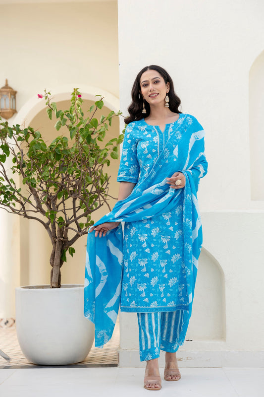 Cotton Bloom Blue Dupatta Set