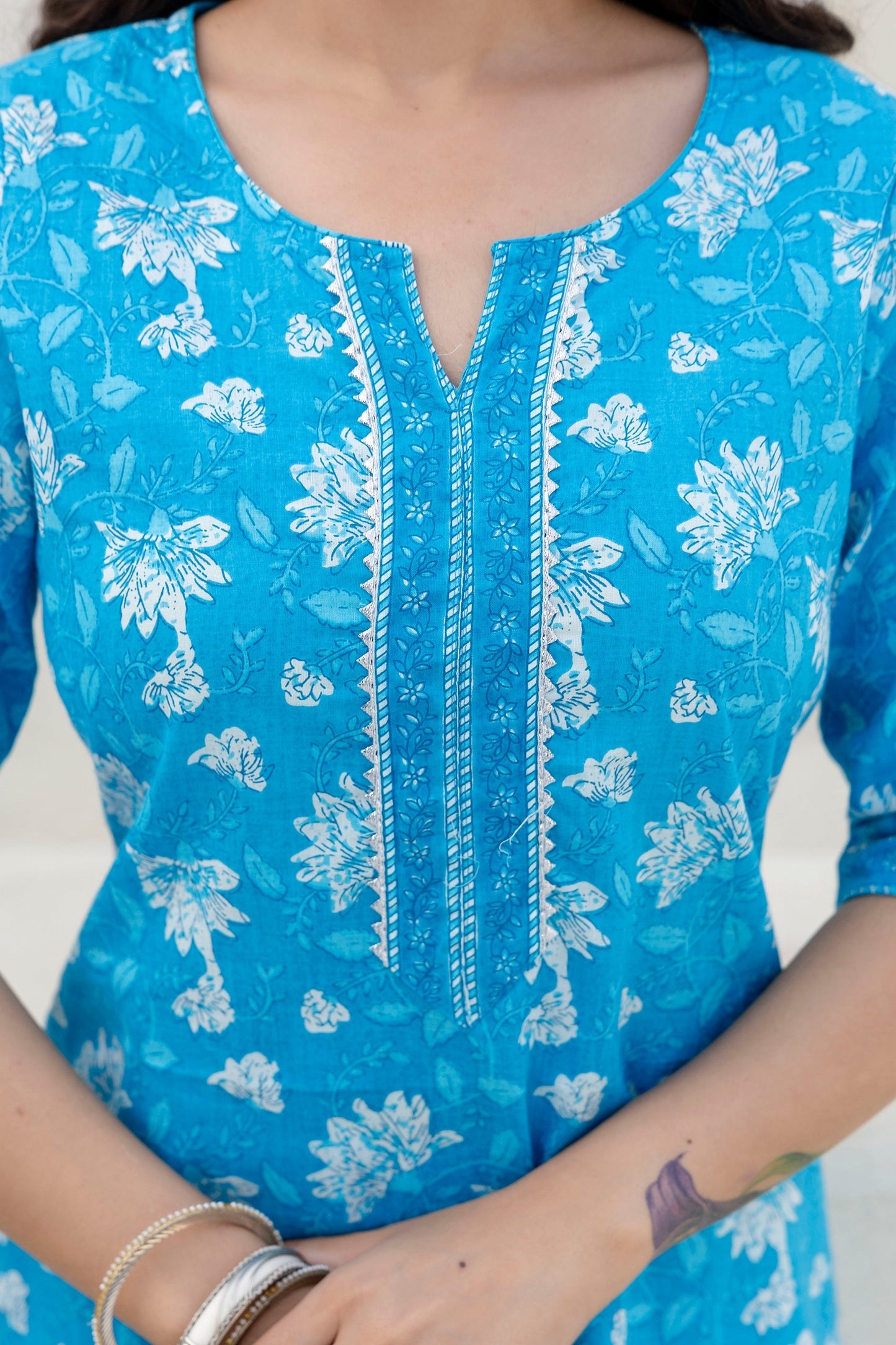 Cotton Bloom Blue Dupatta Set
