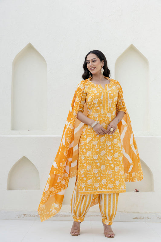 Goldenray Yellow Cotton Dupatta Set