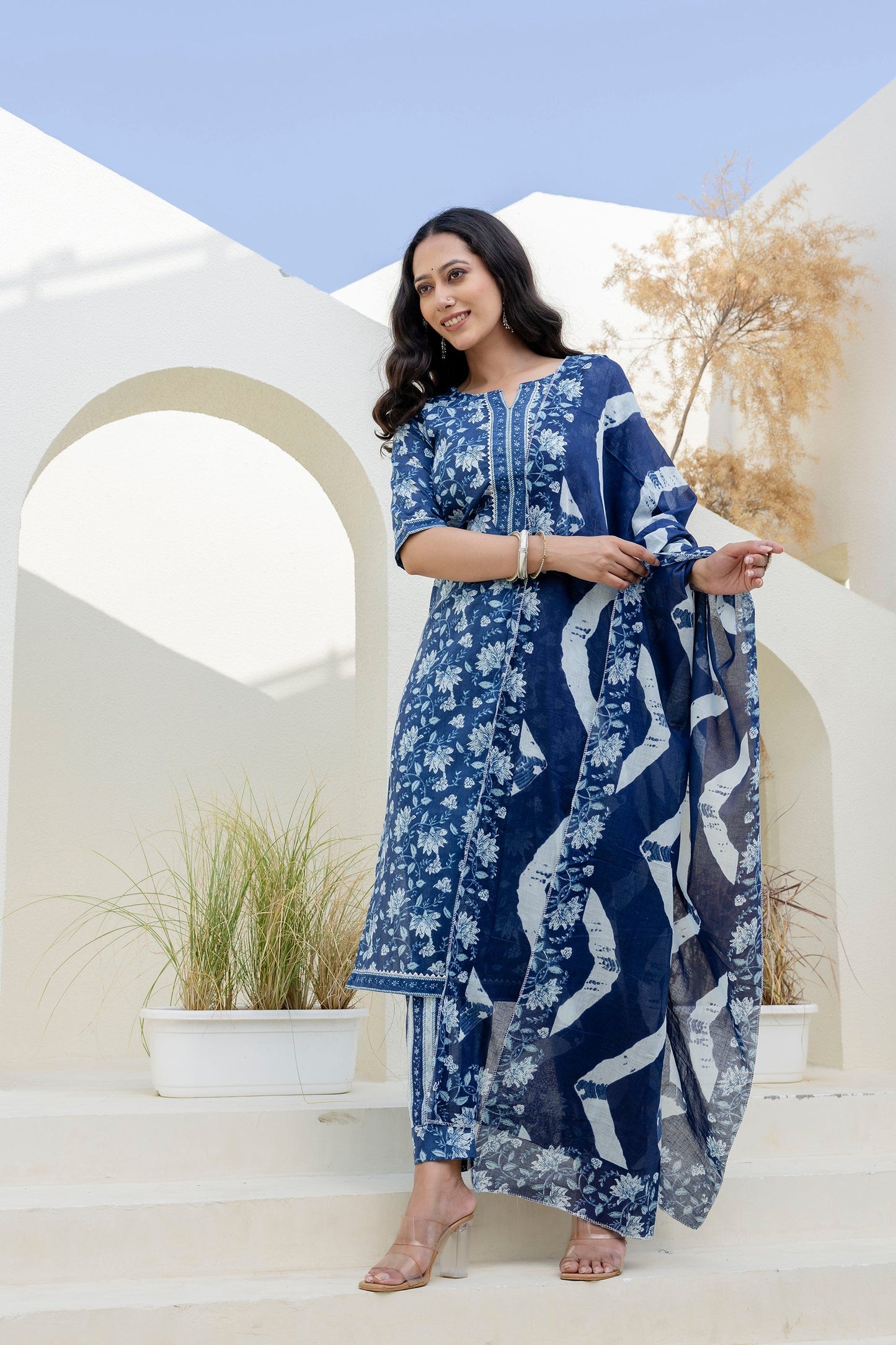 Skyvale Blue Cotton Dupatta Set