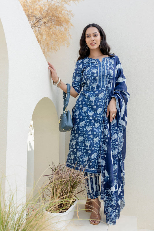Skyvale Blue Cotton Dupatta Set