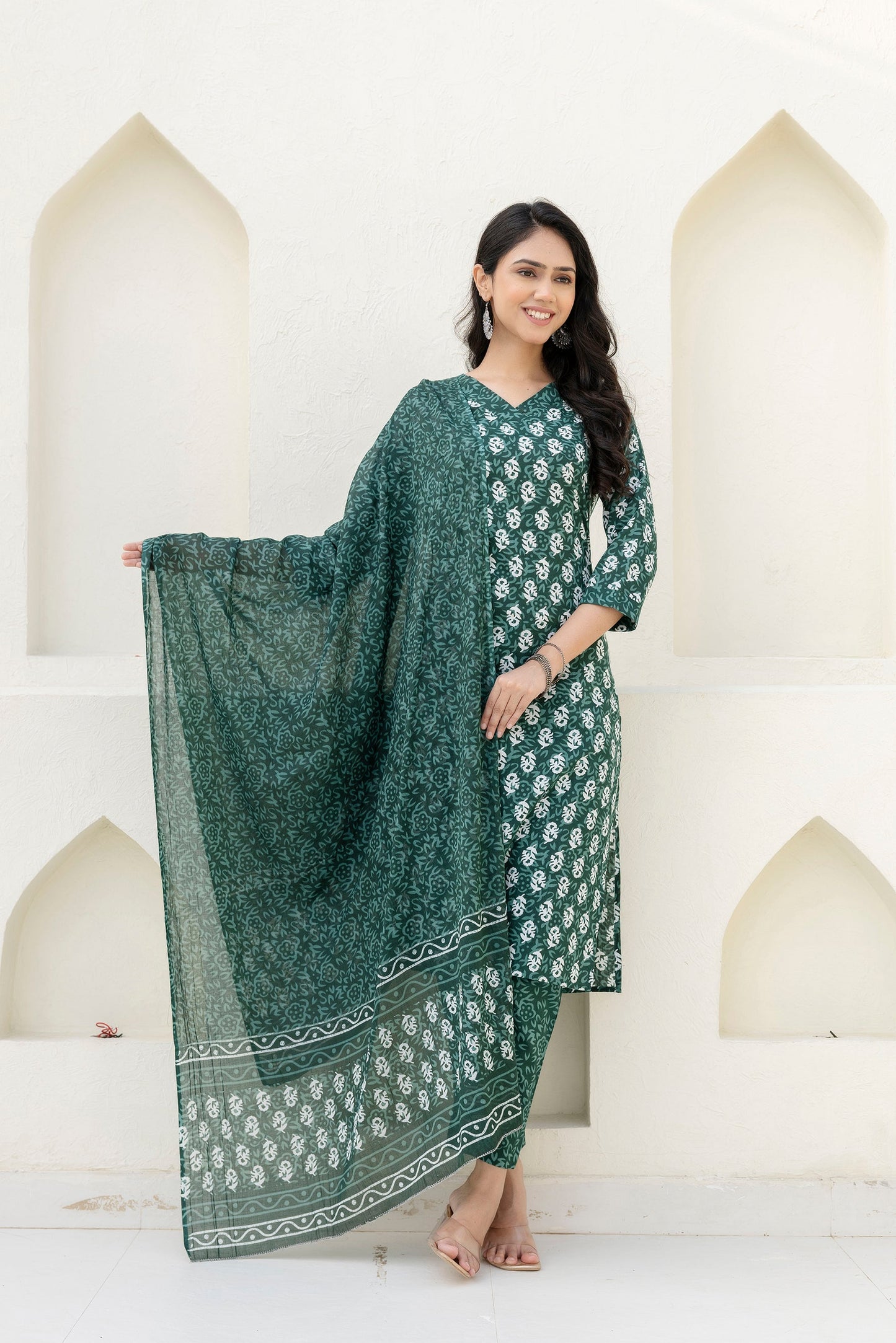 Green Cotton Dupatta Set