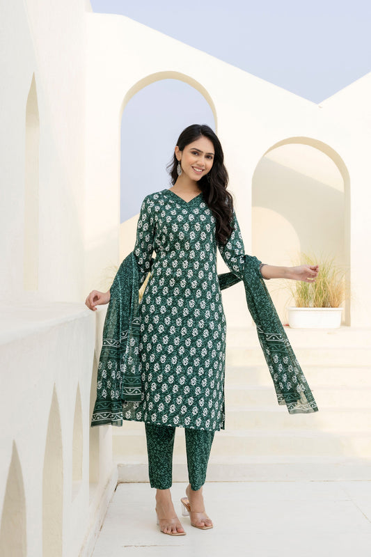 Green Cotton Dupatta Set
