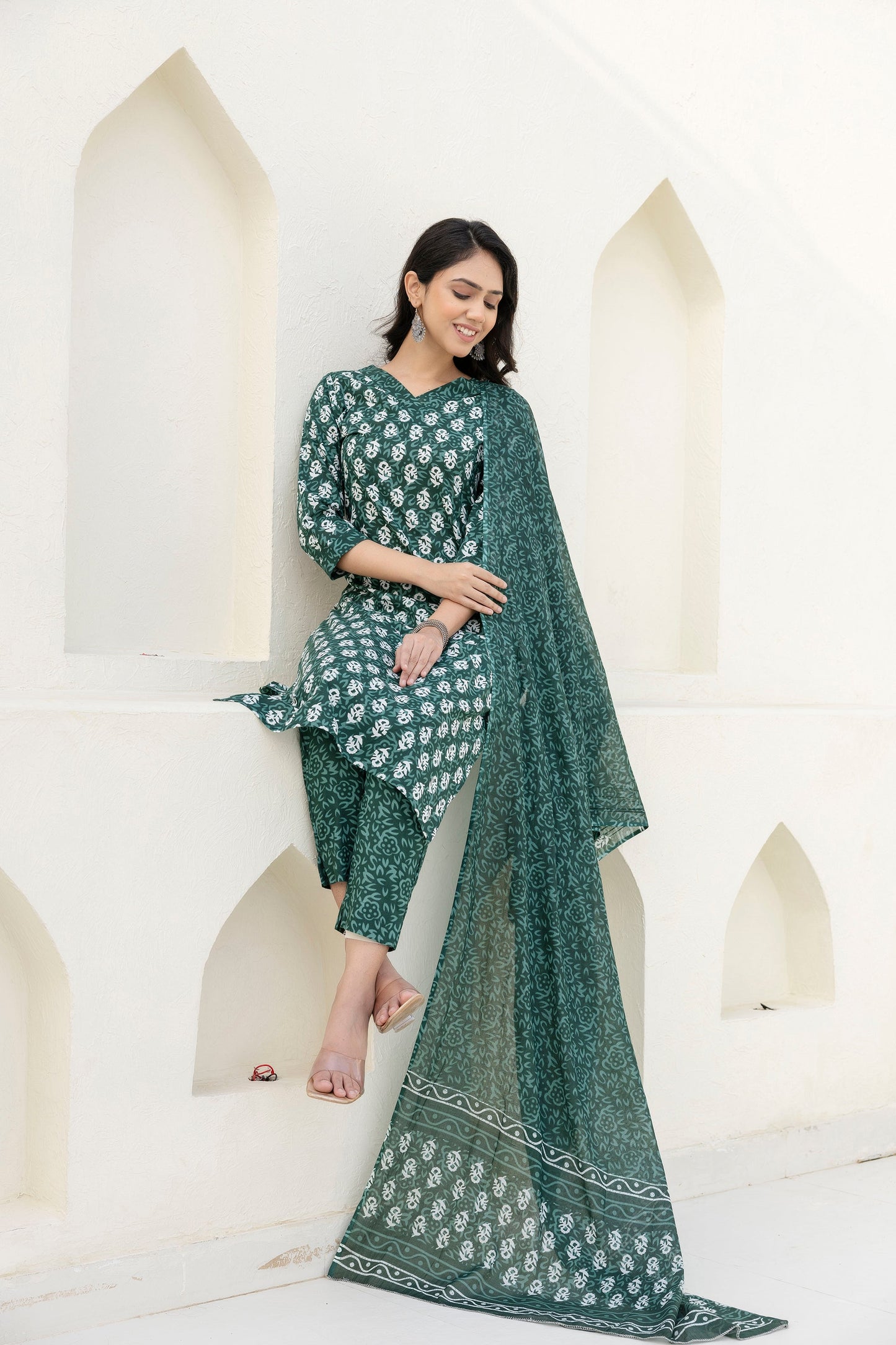 Green Cotton Dupatta Set