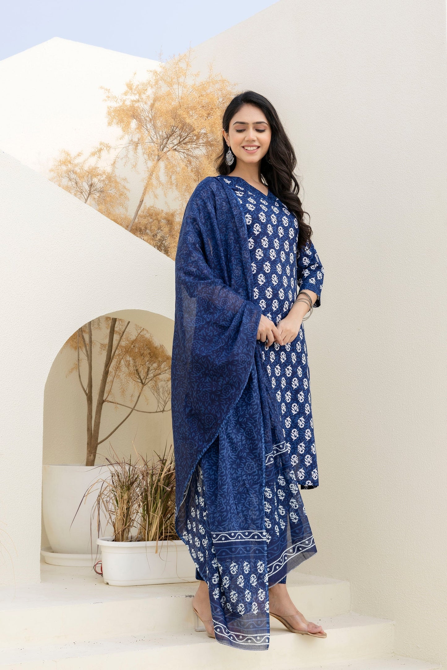 Indigo Petal Cotton Dupatta Set