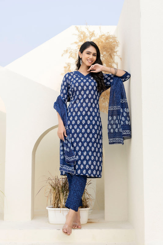 Indigo Petal Cotton Dupatta Set