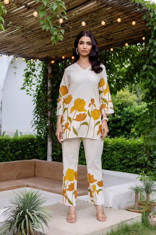 Sunlit Petals Off-White Cotton Flex Co-ord Set
