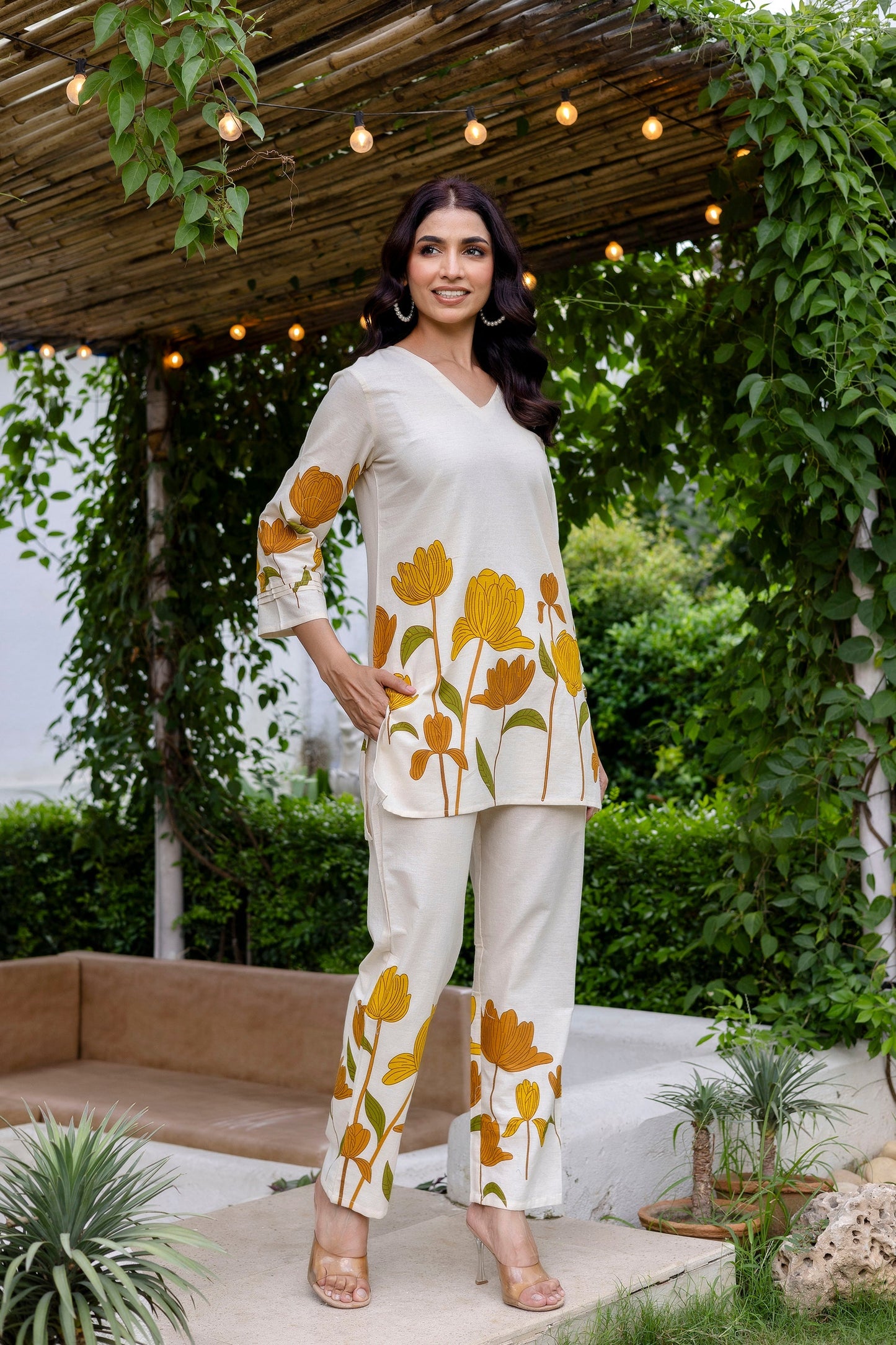 Sunlit Petals Off-White Cotton Flex Co-ord Set